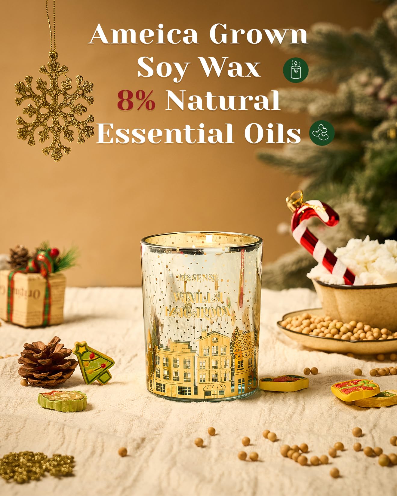 M&SENSE Vanilla Macaroon Wooden Wick Christmas Candle, Large 18oz 100 Hours Long Lasting Burn Time, Natural Soy Wax Non Toxic, Perfect Jar Candle Gifts for Holiday Birthday Celebration