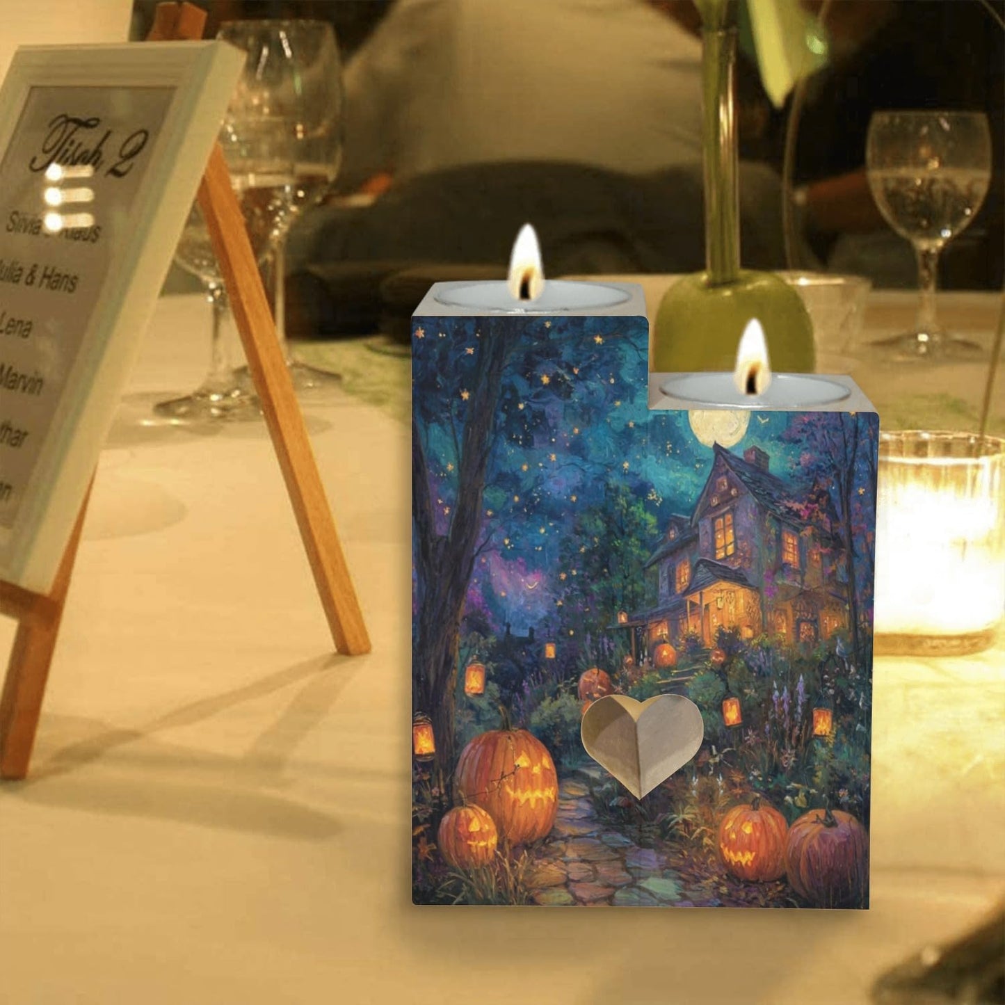 pnyoin Haunted Halloween Castle Night Candle Holders Gift for Women Wooden Heart Candlestick Personalized Christmas Birthday Graduation Friendship Gifts Home Wedding Dinning Party Decorative