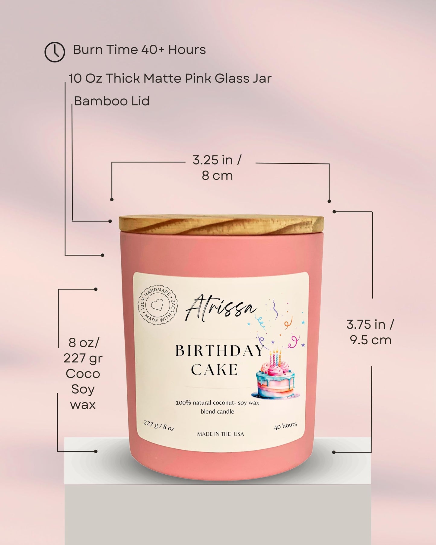 ATRISSA Birthday Cake Scented Candle – 8 oz Coconut Soy Wax, Pink Glass Jar, Handmade in USA, Eco-Friendly Non-Toxic Candle, Sweet Vanilla Cake Aroma Home Gift