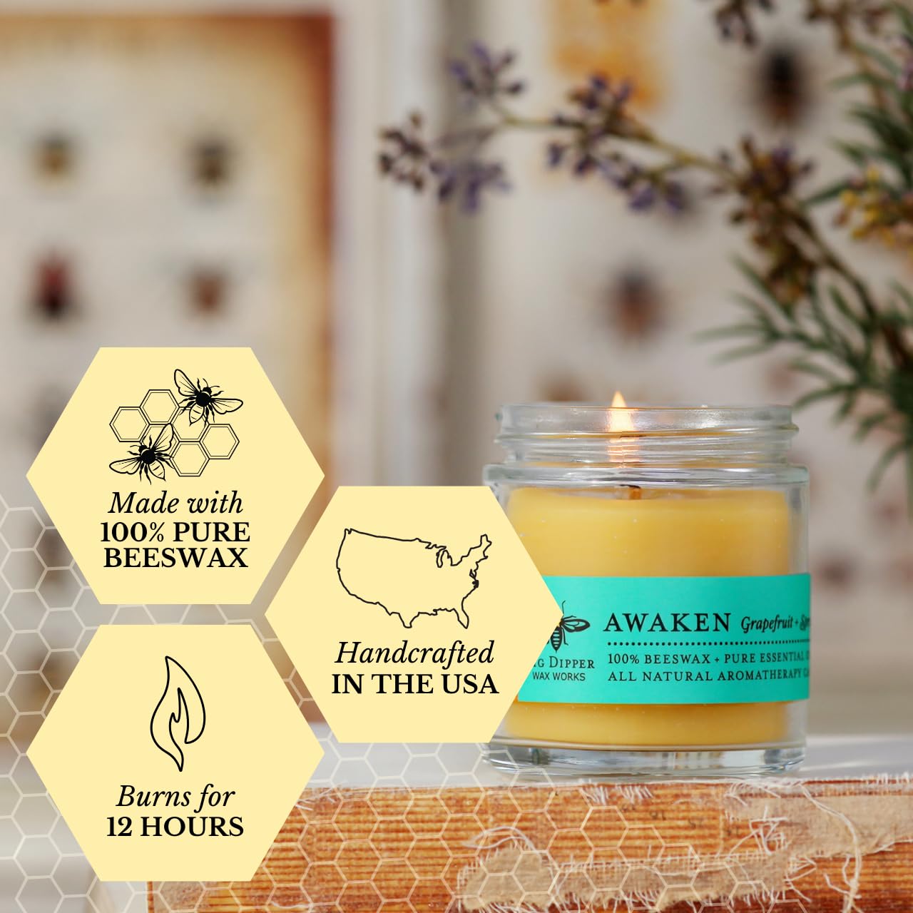 Big Dipper Wax Works Beeswax Aromatherapy Candle – Awaken, Grapefruit & Spruce, Apothecary Glass 2” x 2.5” – 25-Hour Burn, 100% Pure Beeswax with Essential Oils, Clean & Eco-Friendly