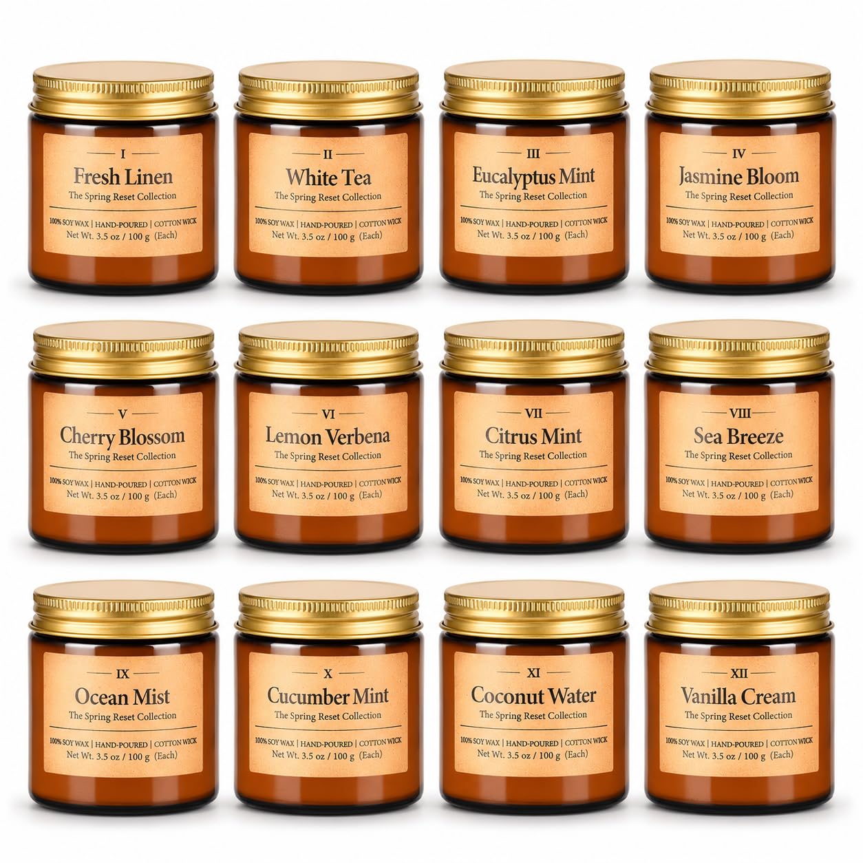 12 Pack Summer Scented Candles, 3.5 oz Amber Glass Jar Soy Candle Set, 8% Essential Oil Blend, Gifts for Women Birthday Housewarming