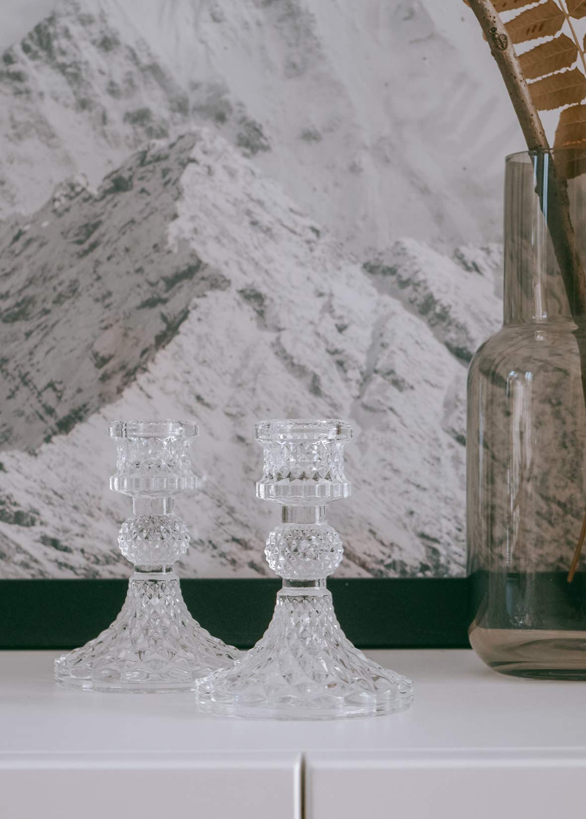 Taper Candle Holders Set of 2, Clear Glass Candlestick Holder Fit 0.8 Inch Candles, 4 Inch Tall Crystal Decorative Candle Stand Centerpiece for Table Wedding Dinning Party