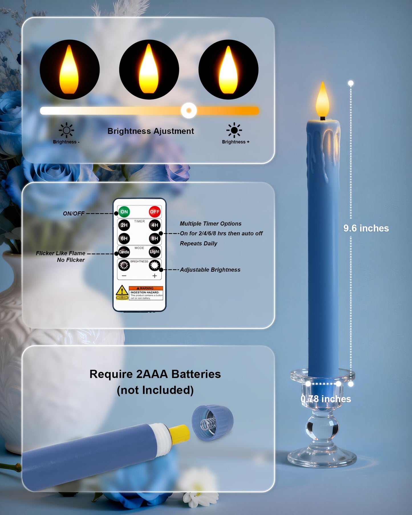 Homemory 6 Pcs Real Wax Blue Flameless Taper Candles with Remote Timer, 9.6 Inches LED Fake Candlesticks, LED Candle with 3D Flickering Flame for Romantic Wedding, Dinner, Xmas Anniversary Decor