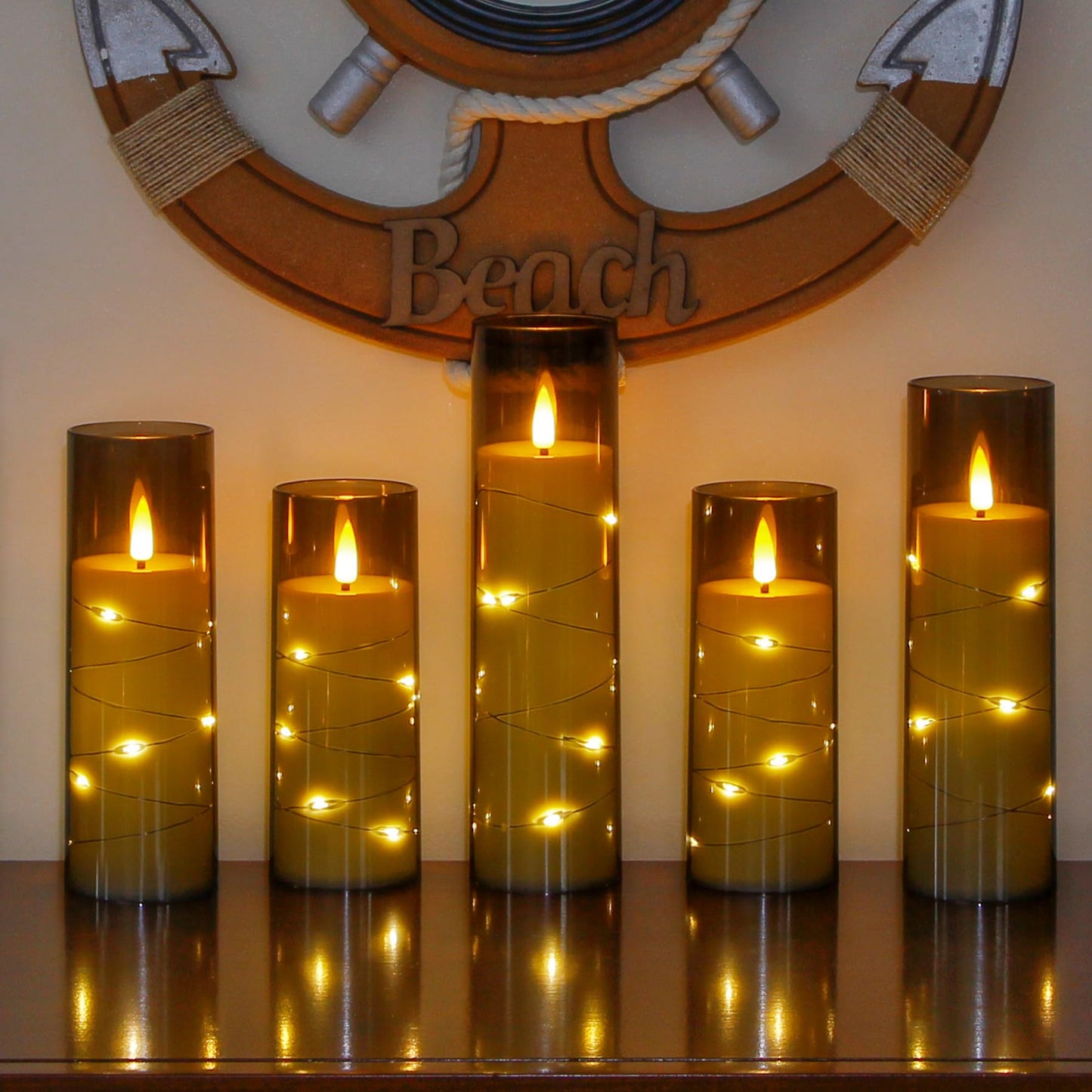 Yeelida Grey Flameless Candles with Remote and String Light, 2.2"x 5",5",6",7",7",8" LED Battery Operated Plastic Flickering Timer Pillar(Pack of 6,Turn On/Off String Light Mode)