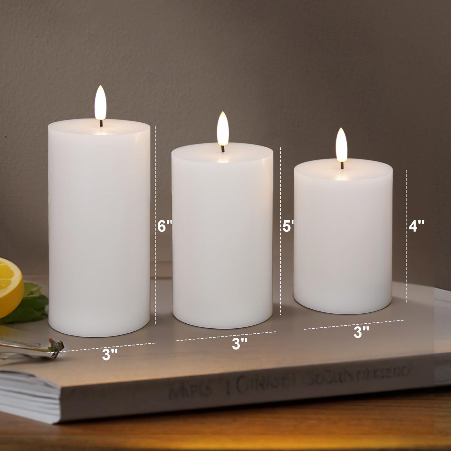 AFINETH White Flameless Pillar Candles, Battery Operated Wax Candles with Remote, Flat Top Flickering Flameless Candles, LED Candle for Home, Wedding, Party Decor, Set of 3, Φ 3" H 4" 5" 6"