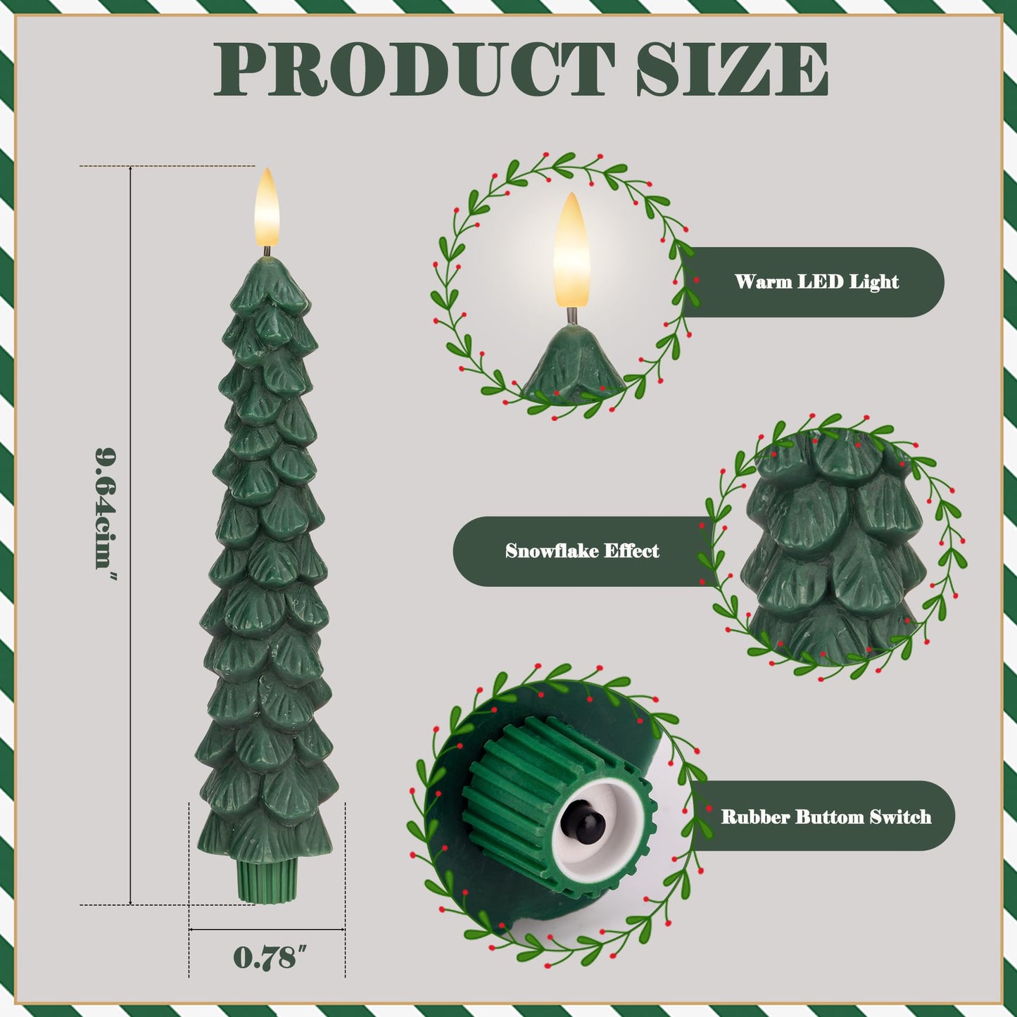 JOIONE Christmas Tree Flameless Taper Candles with Remote 3 Packs, Battery Operated Real Wax LED Candlesticks with 3D Flickering Flame, Perfect for Holiday, Christmas and Home Decor, Green