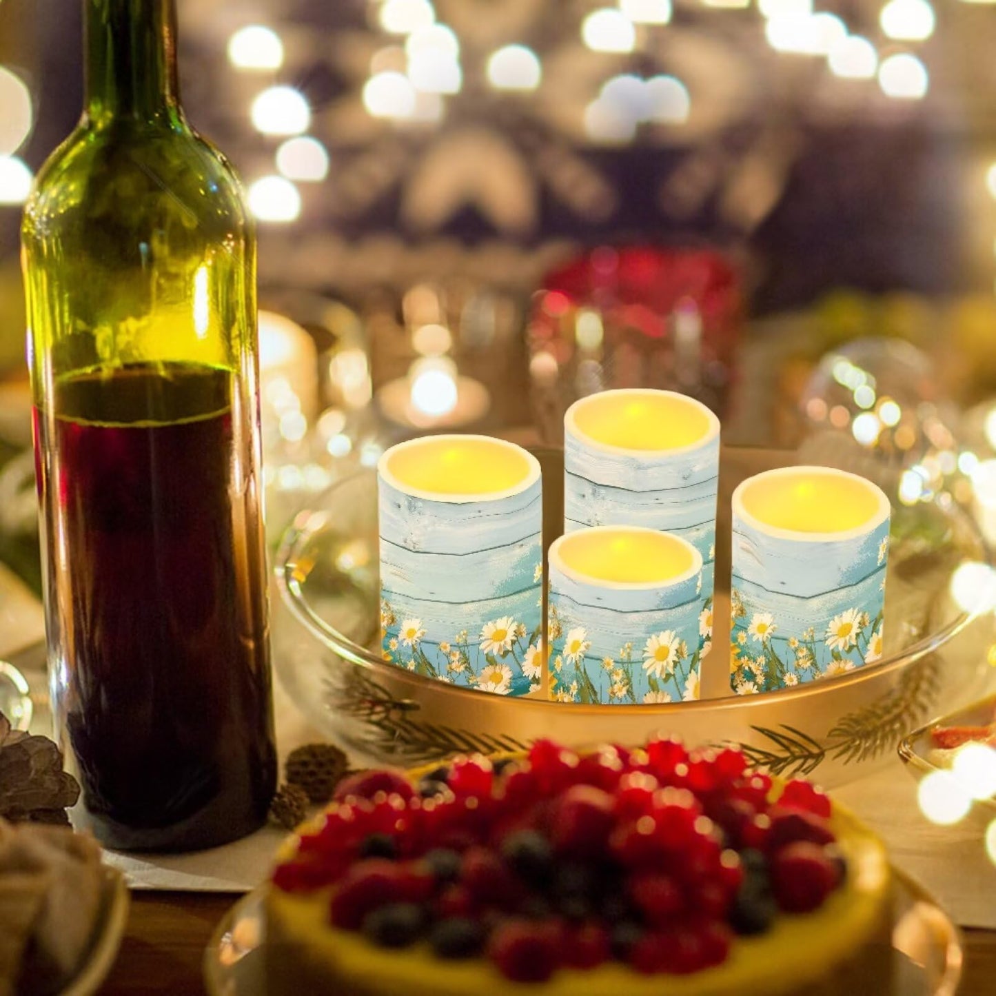 NETILGEN Blue Daisy Flower Flameless LED Candles with Remote Timer Control, Color Changing Flickering Pillar Candles Battery Operated