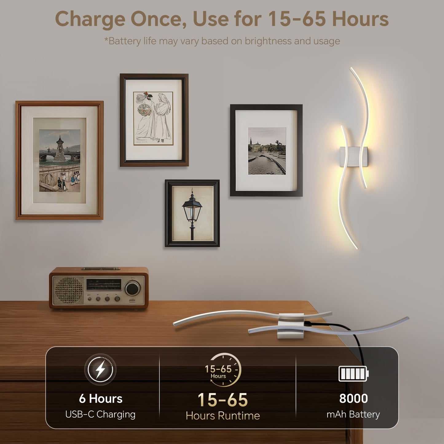GLOTHOR Battery Operated Wall Sconce Set of 2, Dimmable Modern LED Rechargeable Wall Light with Remote Control, Wall Decor for Living Room, Hallway, Quick Install, No Electrician Required
