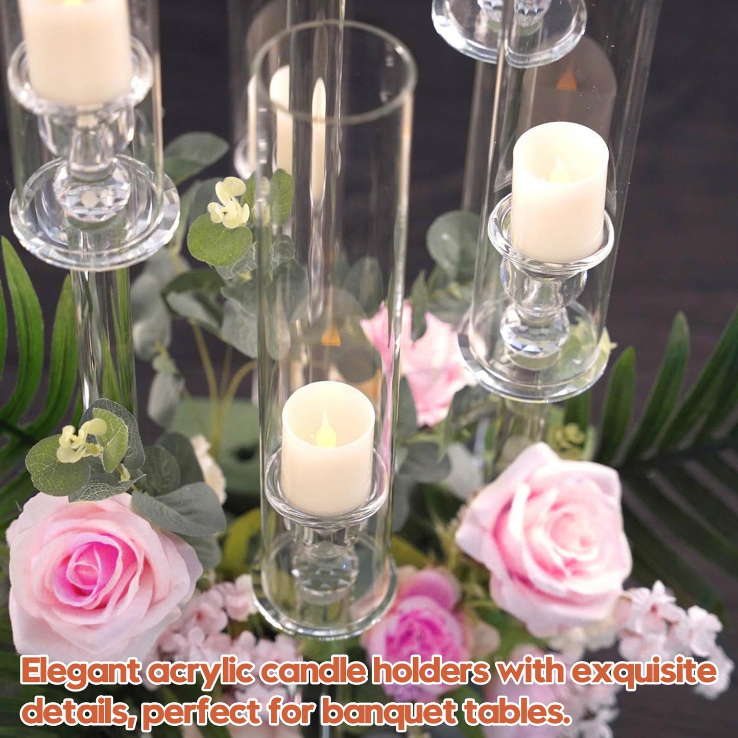6 Set Acrylic Candelabra Centerpieces for Tables, Mjkeomo 30.7'' Clear Candle Holder 3 Arm Candlesticks Holder with Lampshade for Wedding Fireplace Dinner Party Decor Fit 0.87'' LED Candle