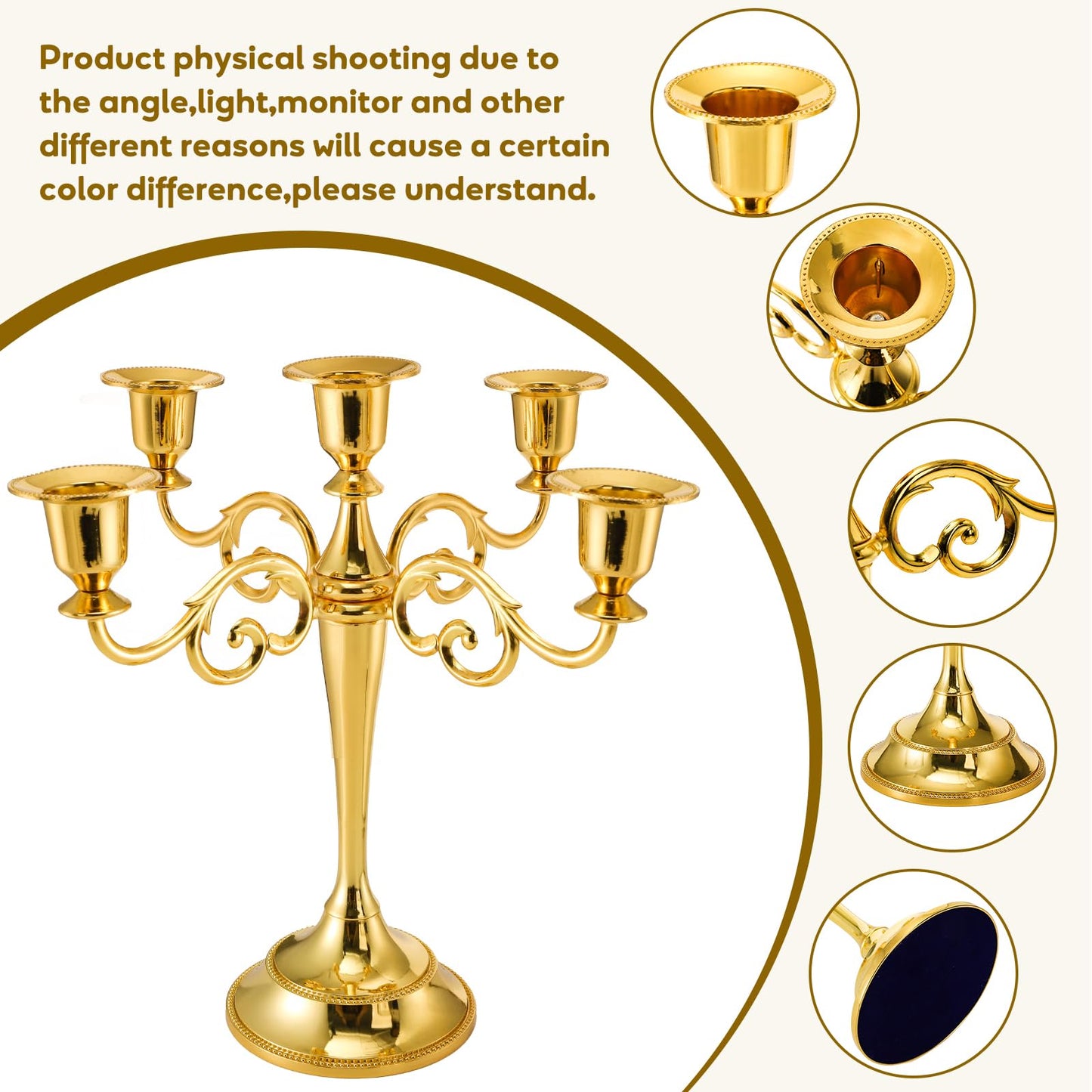 YOUEON 5 Arm Gold Candelabra, Candelabra Candle Holder, 10 Inch Tall Candlesticks Holder, Elegant Taper Candle Holder Centerpiece for Wedding, Church, Halloween, Dining, Home Decor