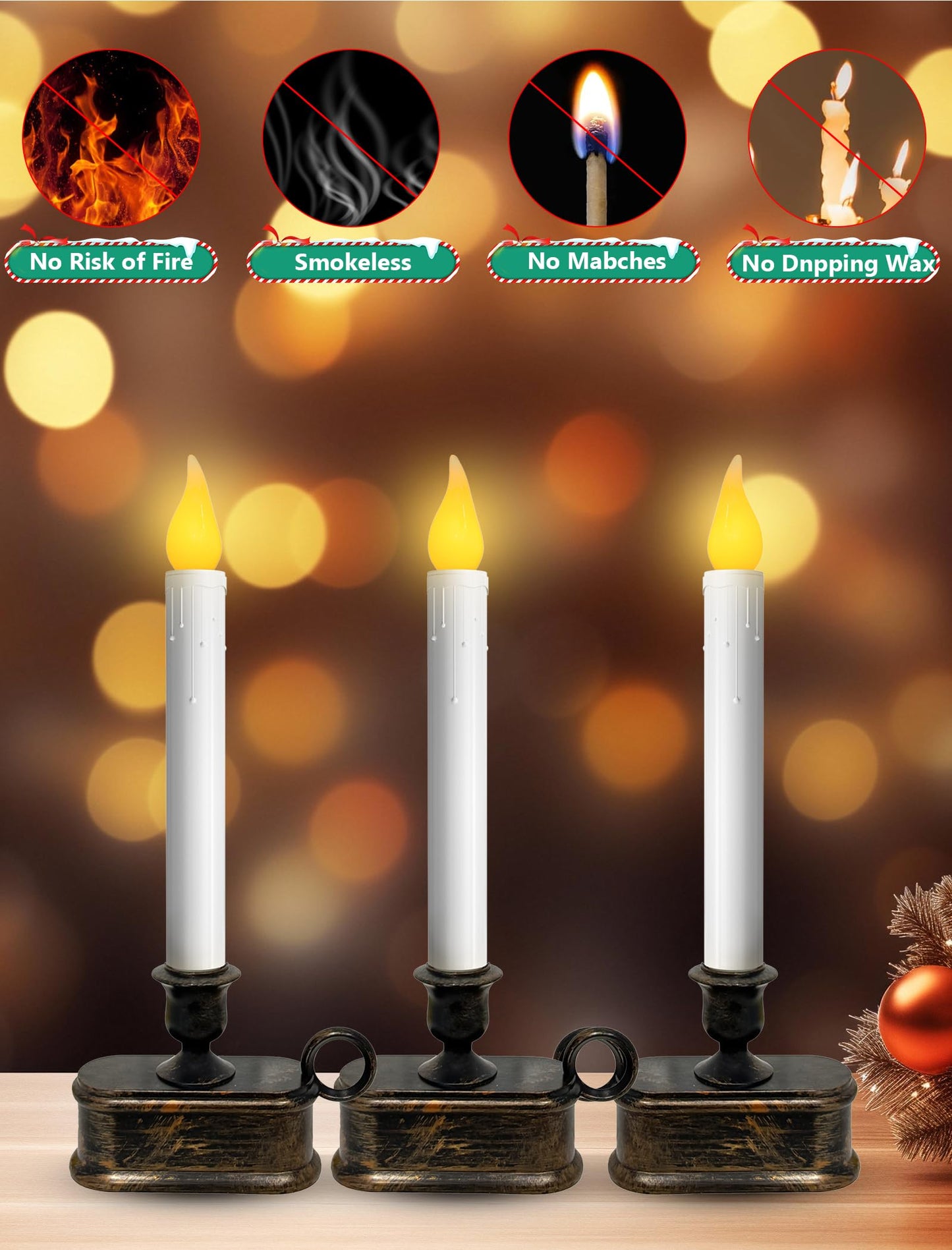 Xingzd 4PK Battery Operated LED Window Candles, Dusk to Dawn Light Sensor, Flicker Flame Christmas Window Candles with Bronze Base, 7.75 Inch Flameless Taper Candle for Table Bedroom Xmas