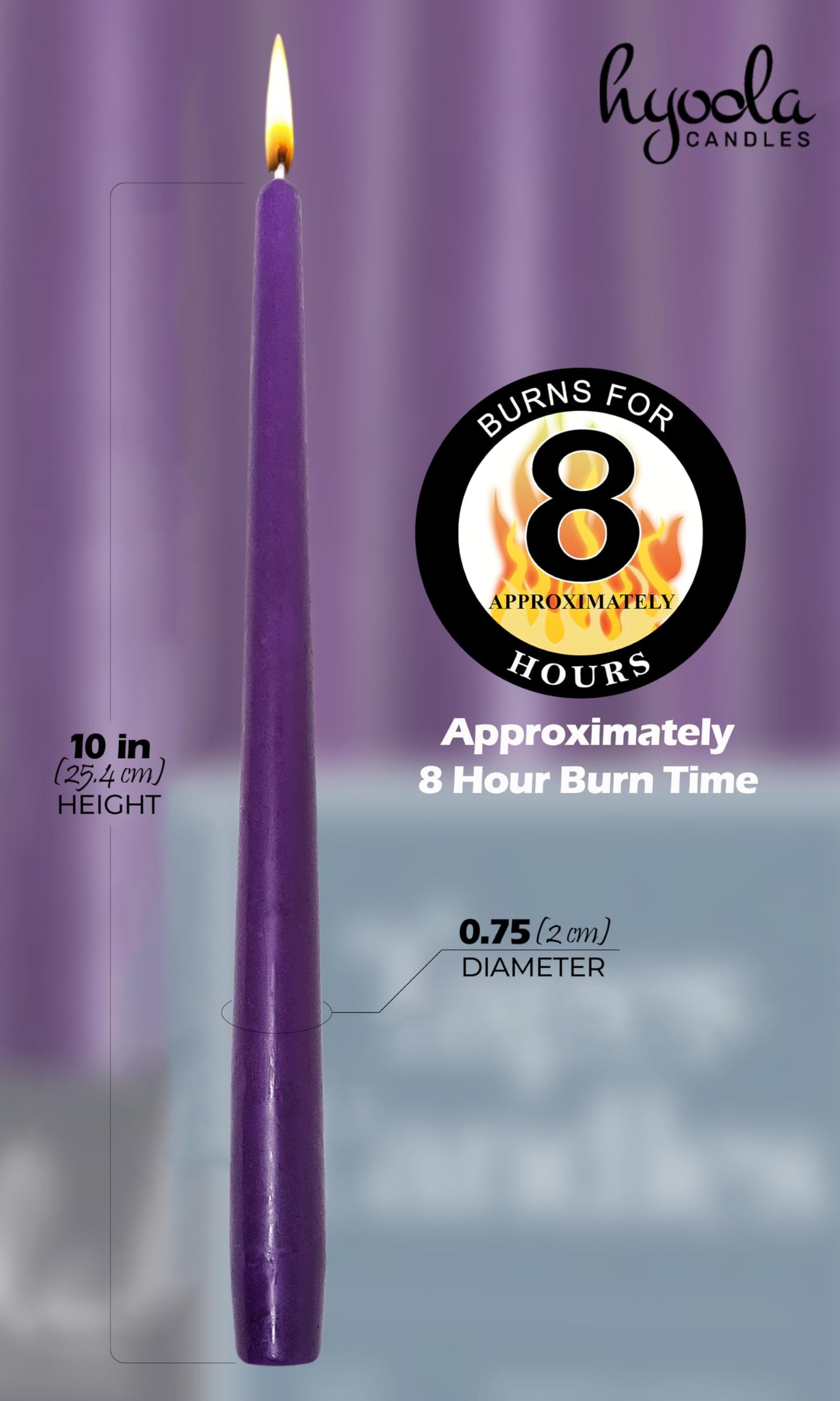 Hyoola Tall Taper Candles - 10 Inch Purple Unscented Dripless Taper Candles - 8 Hour Burn Time - 12 Pack