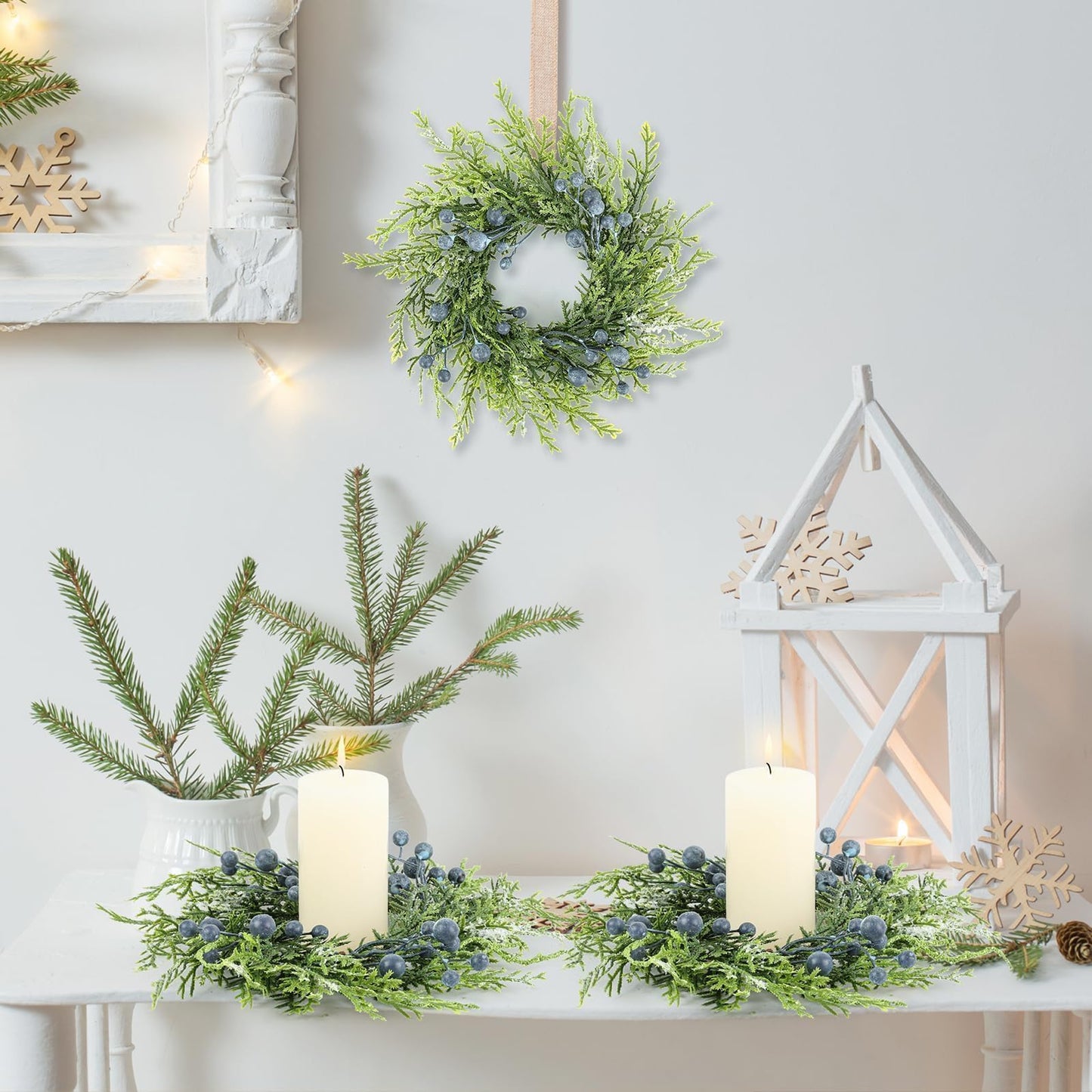 6 Pcs Mini Blueberry Wreaths Candle Rings Artificial Spring Summer Candle Wreaths for Pillars Rustic Wedding Farmhouse Wreath Table Centerpiece Decoration for Cabinet Kitchen Front Door Home Decor