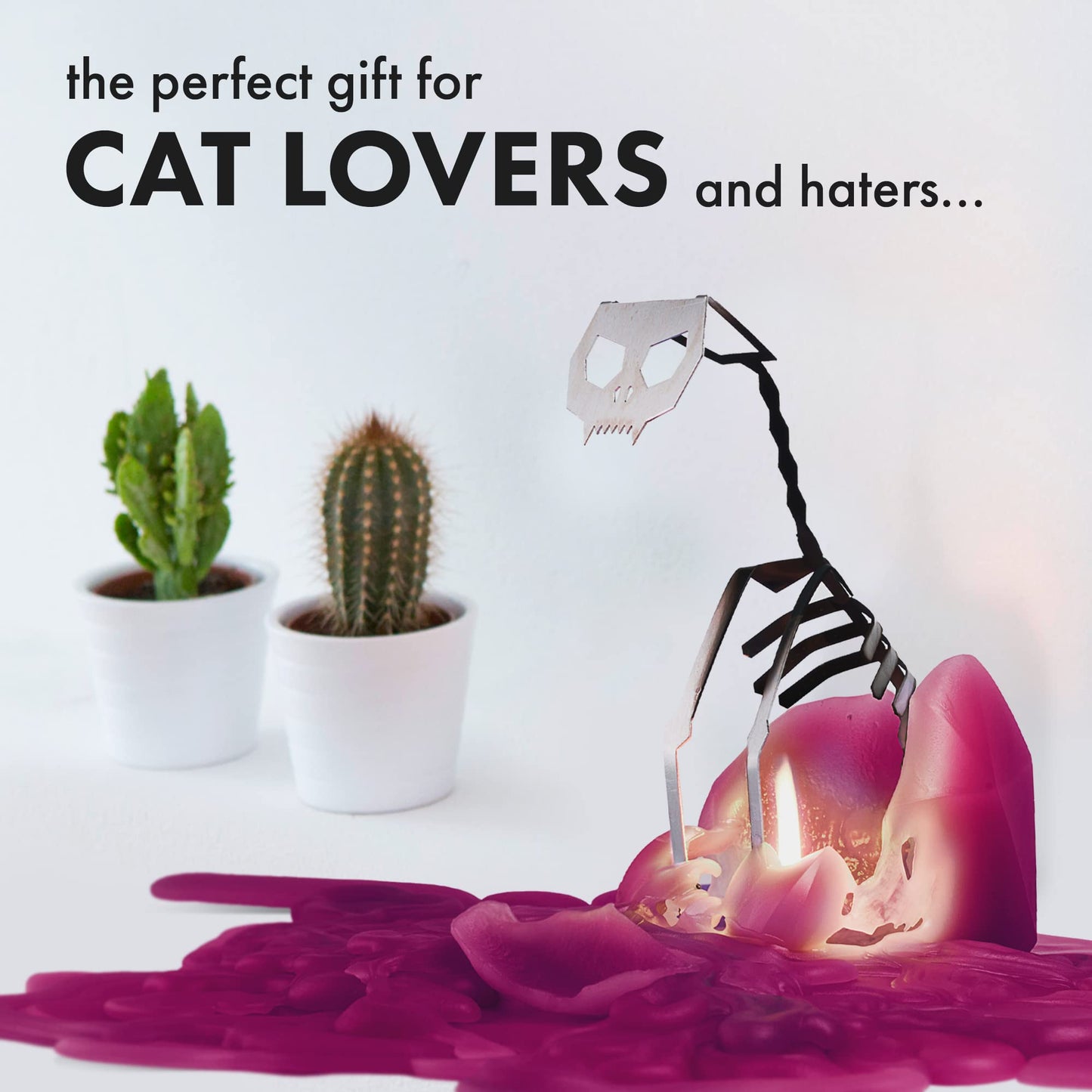 PyroPet Kisa Cat Candle Duo (Mustard Yellow & Burgundy) - Metallic Skeleton Design | Ideal Halloween Decor & Gift for Cat Enthusiasts | 20-Hr Burn Time Each