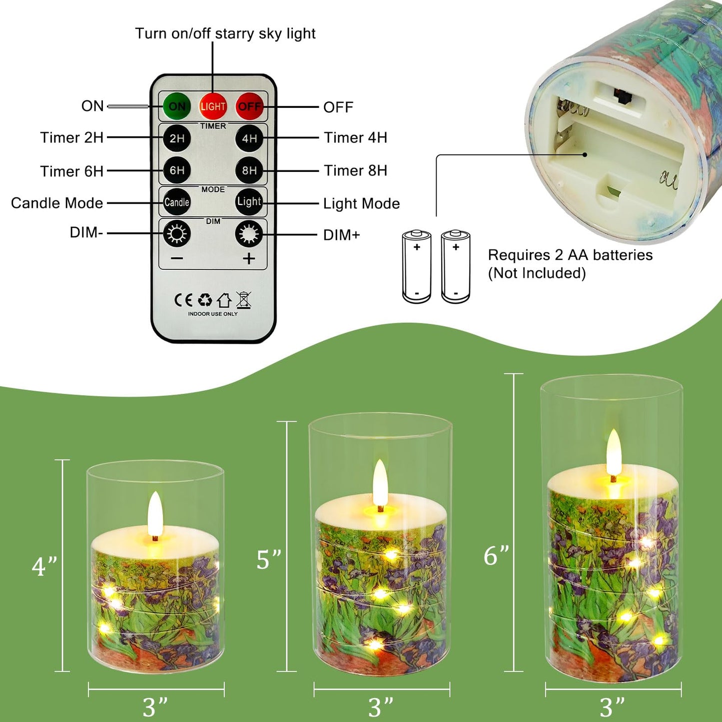 NjaoHoo Flickering Flameless Candles, Recessed String Light LED Candles Acrylic Battery Operated LED Pillar Candles with Remote Van Gogh Art Painting Style for Home Decor Set of 3((Irises Printed)