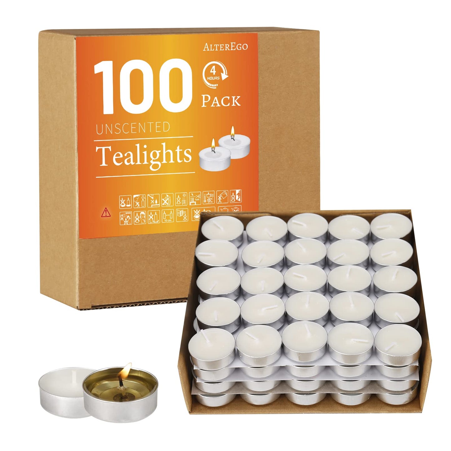 AlterEgo Unscented Tea Lights - 100 Pack Tealight Candles - 4+ Hour Burn Time - Clean-Burning White Palm Votive Smokeless Tealights Candles for Home, Shabbat & Anniversaries (100Pack)