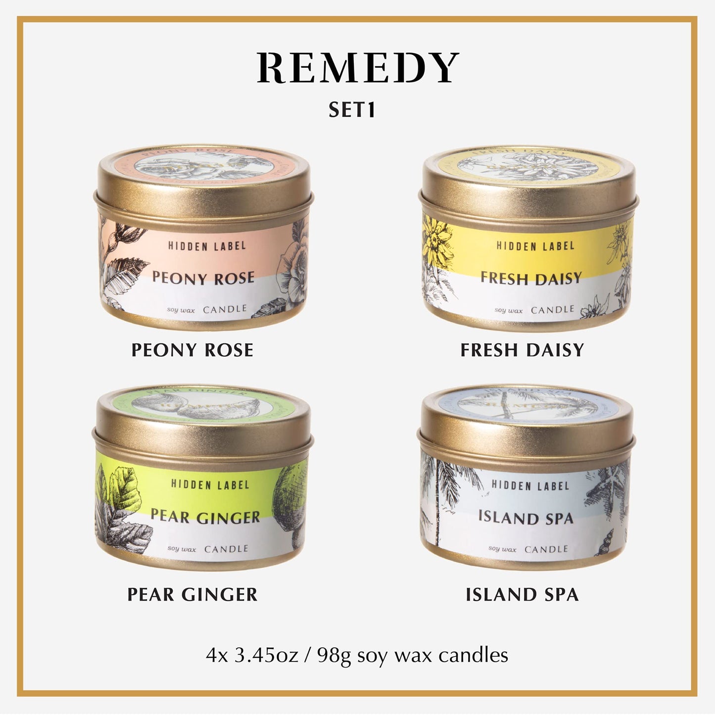 Hidden Label Scented Candles Gifts for Women, Remedy Collection Small Soy Candles 4pack 3.45oz Travel Tin, Gifts for Birthday Valentines Day Mothers Day Christmas(Set1)