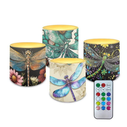 NETILGEN Flower Dragonfly Print 4 Pieces Flickering Flameless Candles with Remote Control and Timer Color Changing Battery Operated LED Pillar Candles for Home Decoration