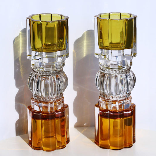 VOHO Amber Votive Candle Holders for Fall Decor, Set of 2 Vintage Tealight Candle Holder for Coffee Table Mantle, Tall Votive Holder Jazzy Glass Mix for Centerpiece(7.87x2.75 in W/H, Shades of Amber)