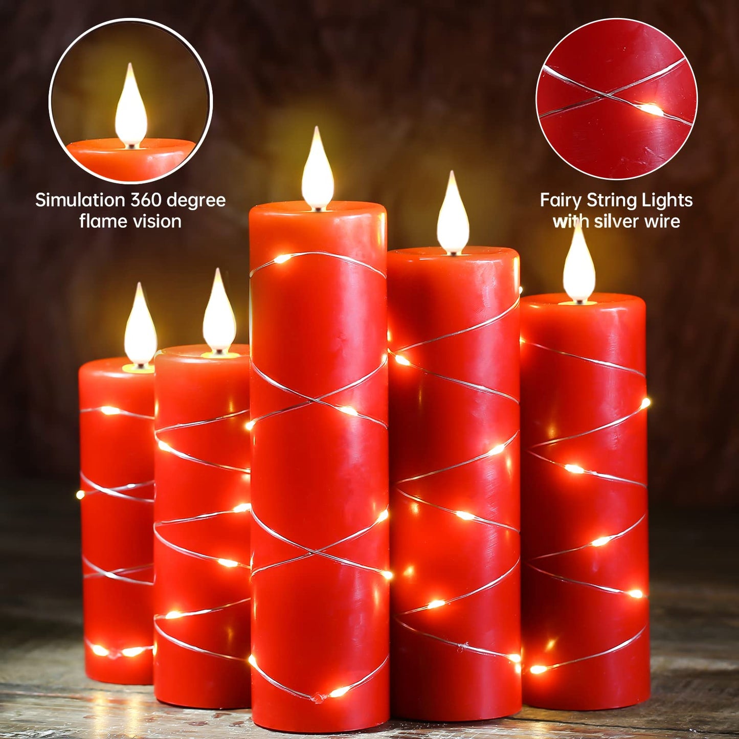 Upinmz Red Flameless Candle with Remote Control and Timer,Flickering Battery Operated Candles with String Lights,LED Pillar Candles,Set of 5