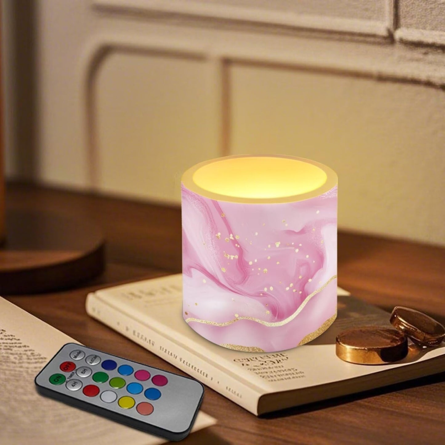 Cozeyat Blush Marble LED Candles Set of 4 Battery Powered Flameless with Remote Timer Dancing Flame Waterproof for Home Beach Table Decoration