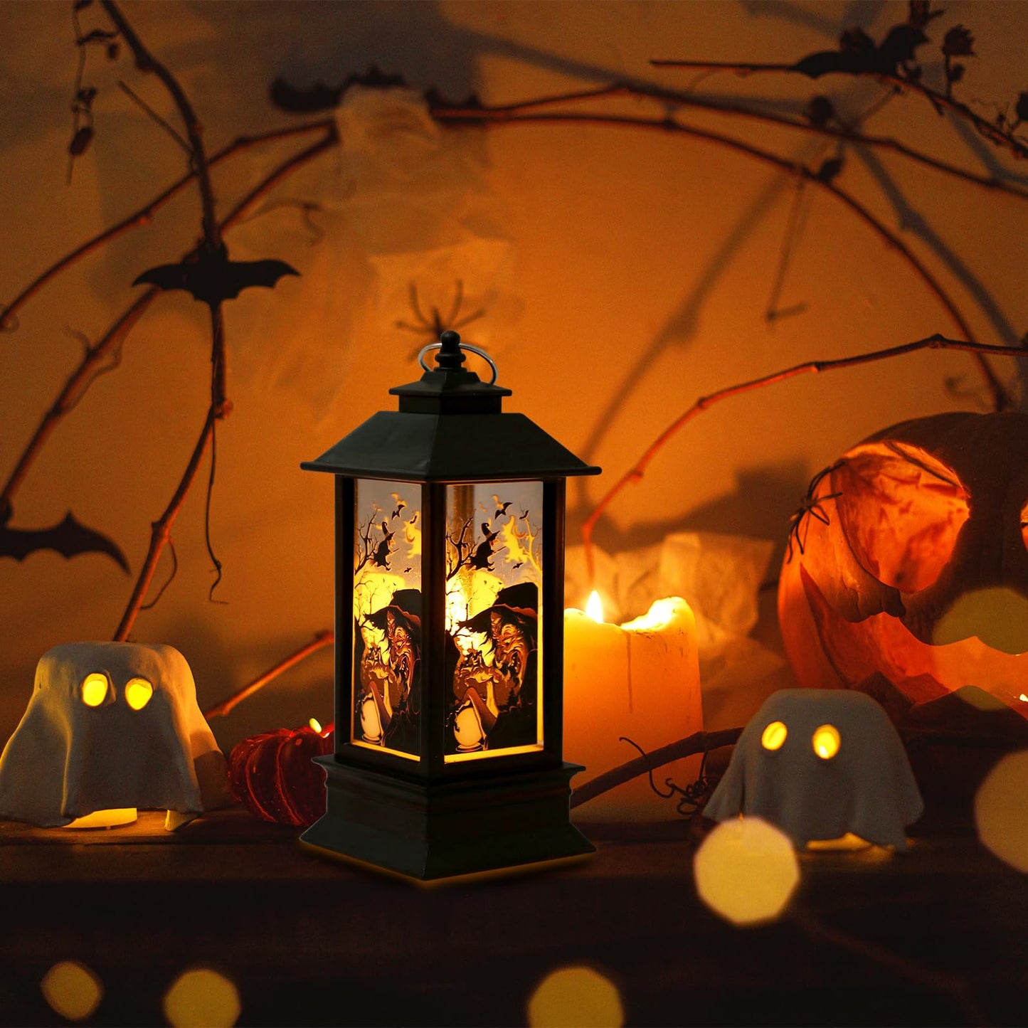 2 Pieces Halloween Lanterns Decoration 5.1" Height Retro Hanging Lamp Halloween Witch Flameless Candle Holder with Transparent Pumpkins Lantern Gift for Home Trick or Treat Party Supplies
