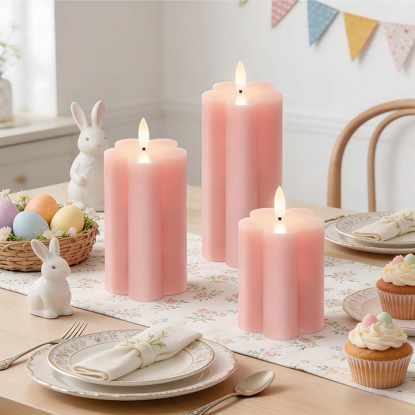 Velsyn Pink Flower Flameless Candles with Remote and Timer Real Wax Made LED Pillar Candles Battery Operated with 3D Flickering Flame Indoor Use Spring Decor, 3" x 4",5",6", Set of 3