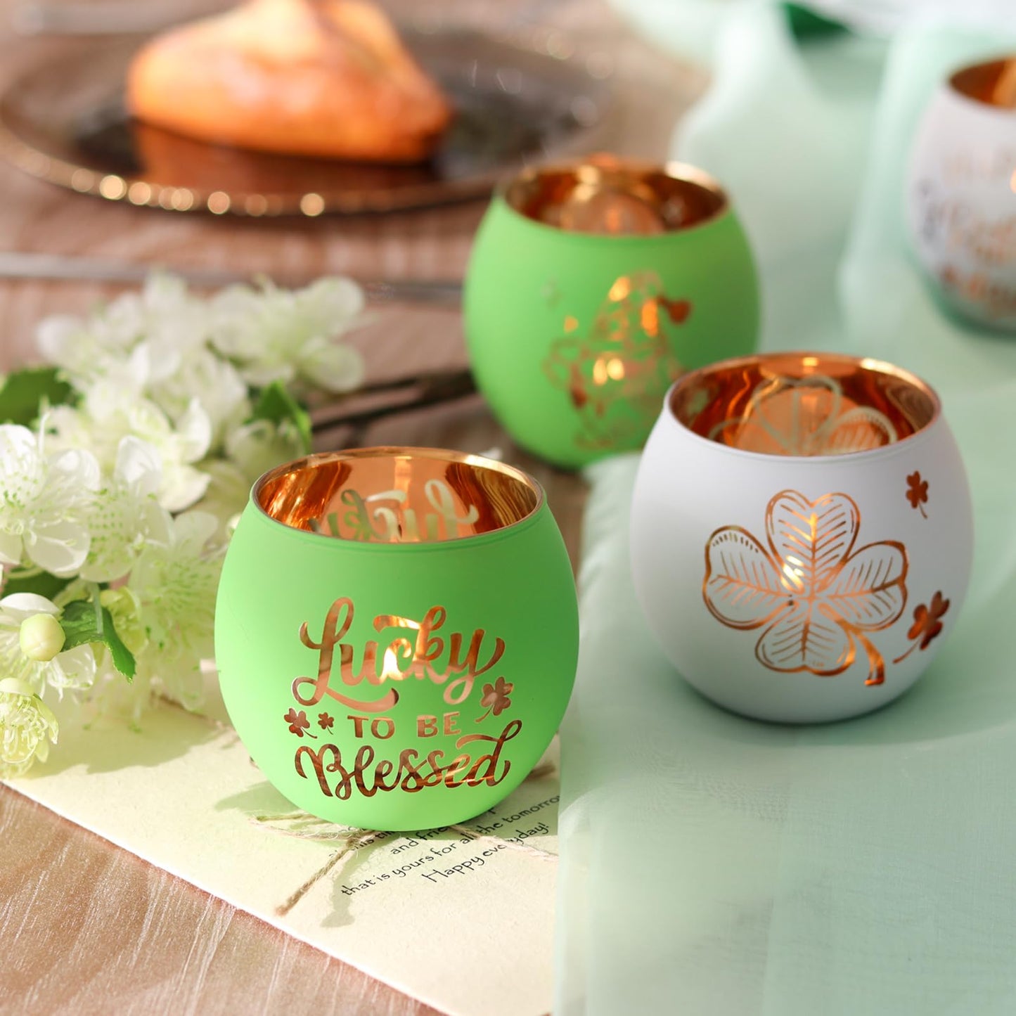 SHMILMH St. Patrick's Day Candle Holders 6PCS St Patricks Day Shamrocks Decorations for Table Centerpiece, Glass Votive Tealight Holders for Home Decor Party Decorations