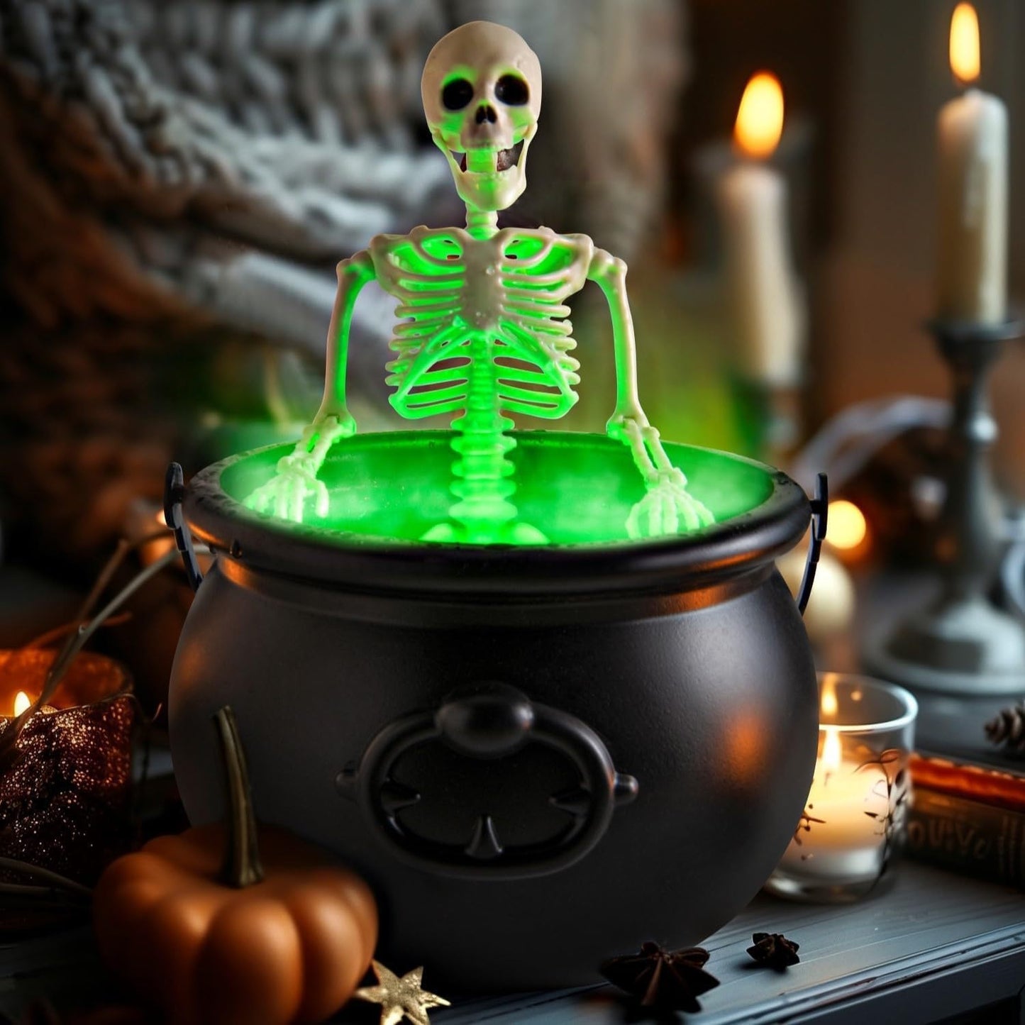 Halloween Decorations Indoor, Cauldron Halloween Decor with Magic Floating Potion Bottles and Diffuser - Black Witches Bowl Hocus Pocus Party Decoration for Spooky Home Kitchen Table (8in/20cm)