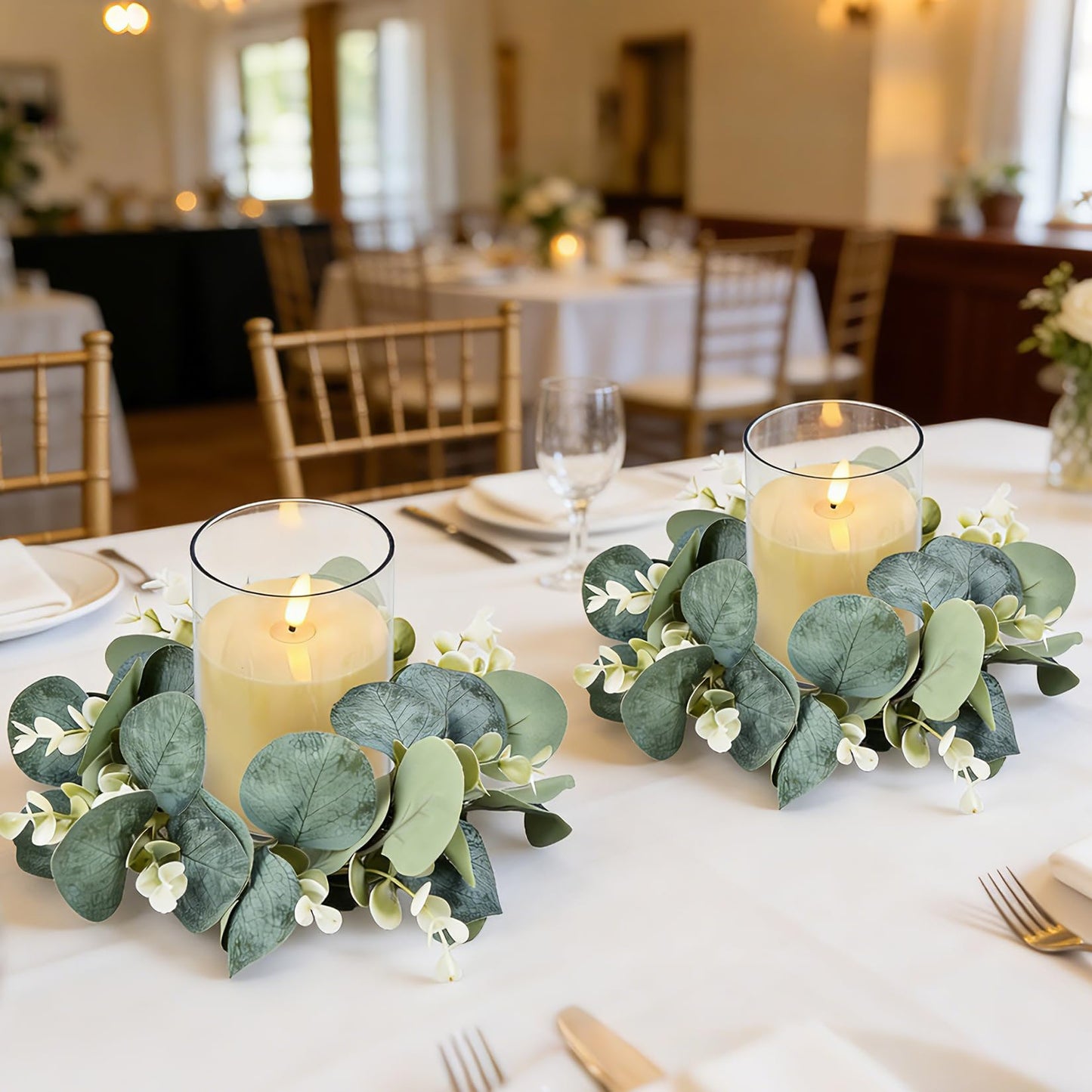 6 Sets LED Candle Rings with Artificial Eucalyptus Wreaths, 4-Inch Center Pillar Candle Holders for Wedding Table Centerpieces, Party Home Decor