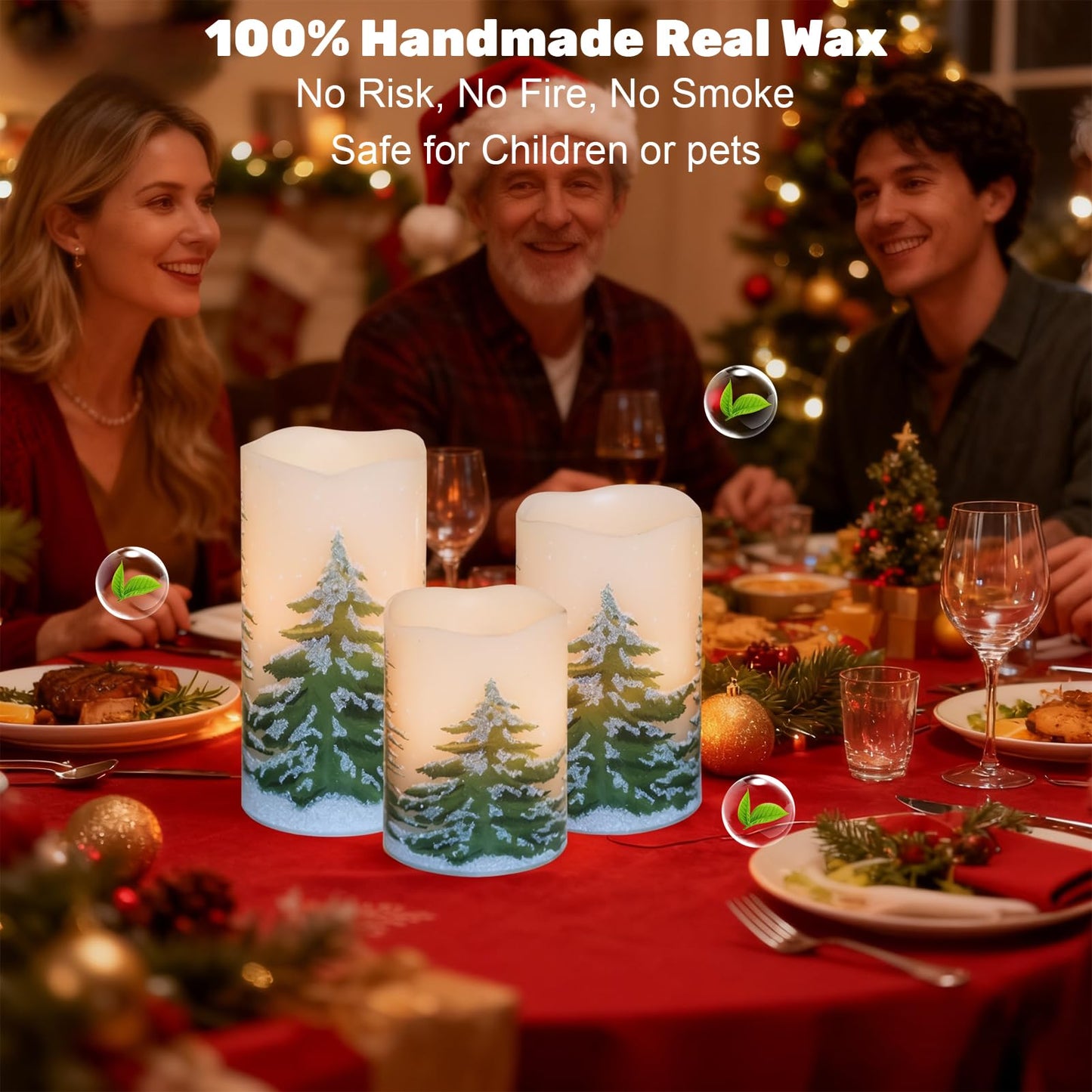 Wondise Rechargeable Christmas Tree Flameless Candles with 6H Timer, Battery Operated LED Real Wax 3D Wick Candles with Charging Base, Set of 3 Christmas Home Decoration Gifts(3 x 4 5 6 Inch)