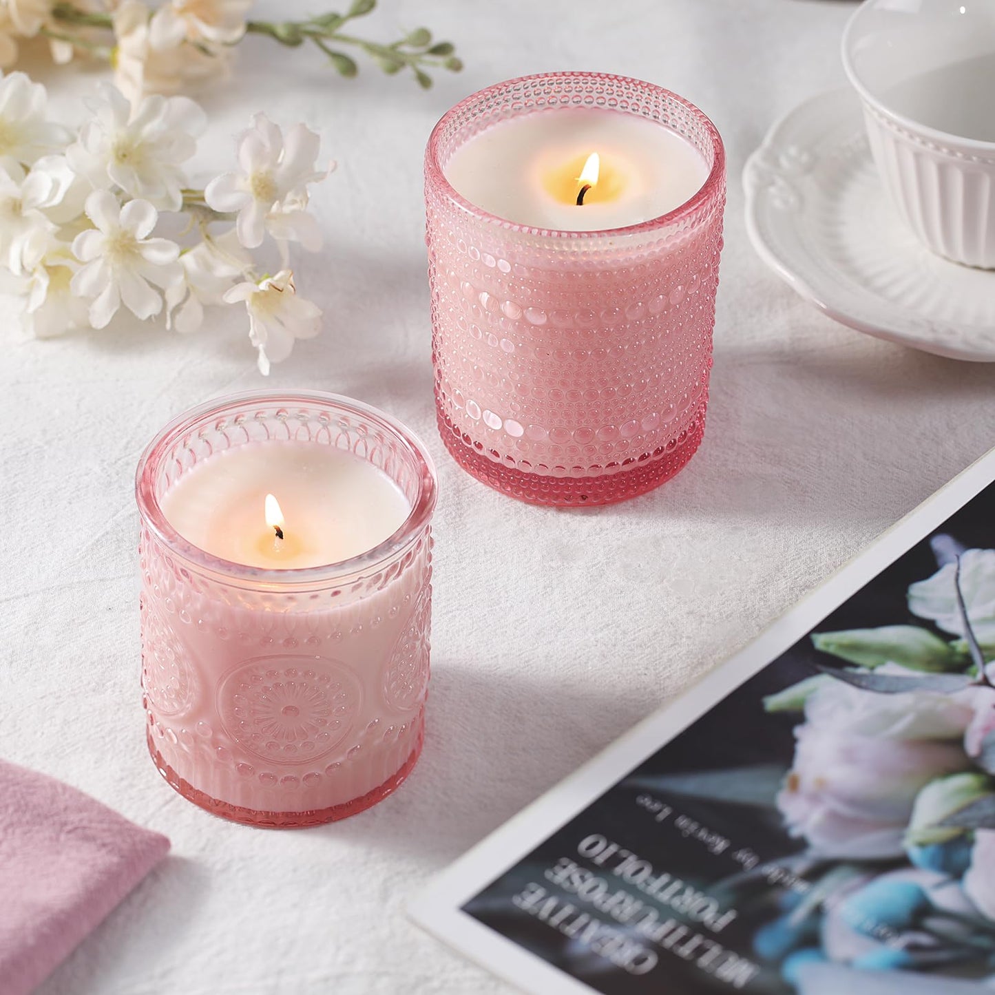 DARJEN 12 Pack Pink Candle Jars for Making Candles- 3 Styles Glass Candle Making Jars Bulk with Bamboo Lids and Labels, Candle Making Supplies Candle Vessels for DIY Gifts