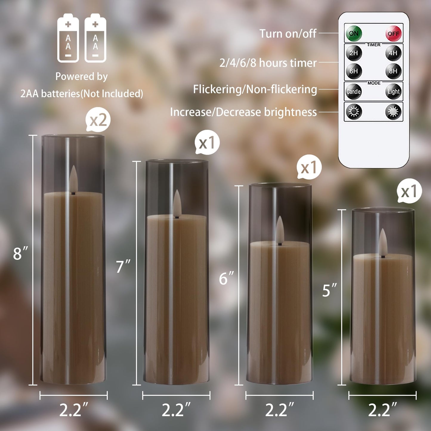 Yeelida Acrylic Flameless Flickering Candles with Remote Control and Timer, Battery Operated LED Fake 2.2" x 5",6",7",8",8" Plastic Pillar Candles for Home Decor(Long-Lasting, Grey)