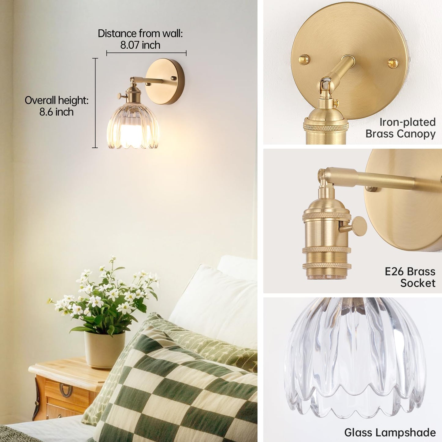 Shenmoyl Vintage Battery Operated Wall Sconce with Transparent Tulip Glass Lampshade Rechargeable Battery Powered Wall Light with Remote Control for Bedside Bedroom Doorway