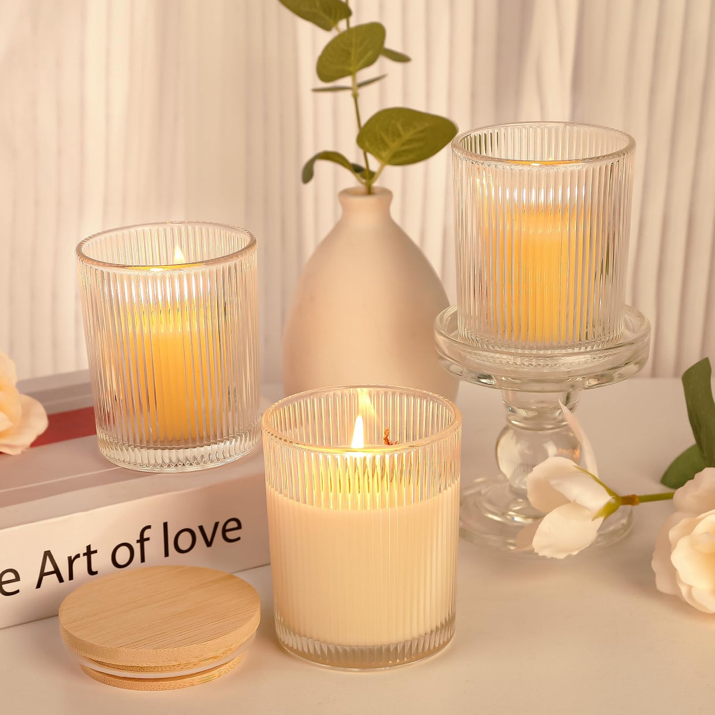 CONNOO 16 Pack 7 OZ Thick Ribbed Glass Candle Jars for Making Candles with Airtight Bamboo Lids, Wicks & Stickers, for DIY Candle Making, Bulk Orders, Gifts & Home Décor, Clear
