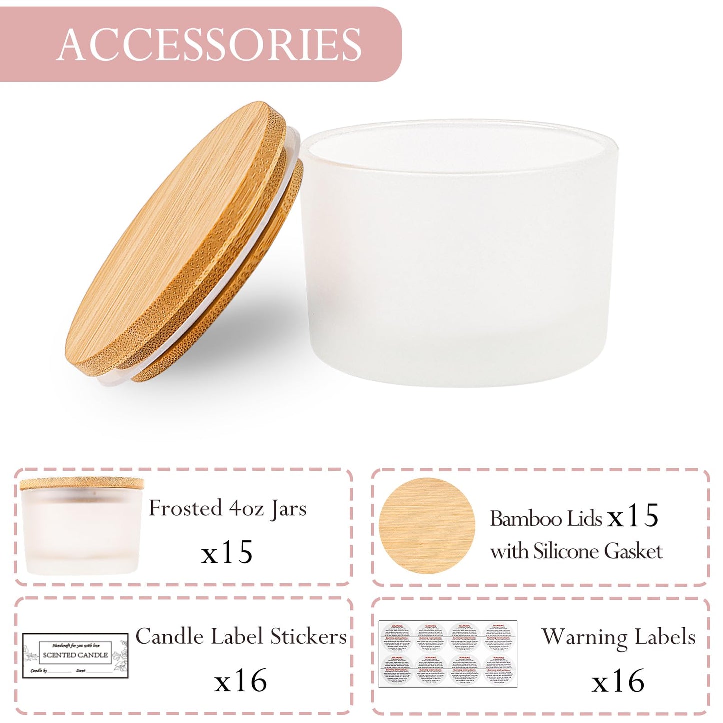 CONNOO 15 Pack 4 OZ Frosted Glass Candle Jars with Airtight Bamboo Lids for Making Candles, Bulk Small Wide Mouth Empty Candle Containers with Sticky Warning Labels - Dishwasher Safe