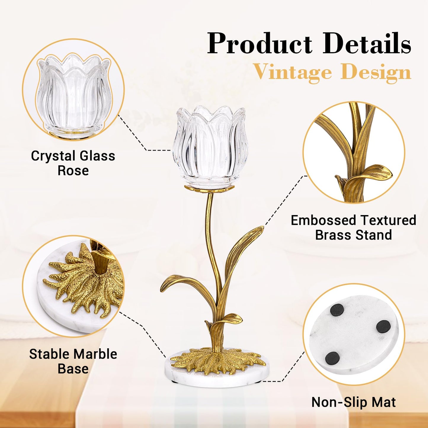 Anpdasi Candle Holder, Cut Rose Shaped Brass Candle Holder High-end Light Luxury Creative Art Crystal Glass Flower Candle Sticks Holder Decor Marble Disc Base Romantic Ambiance Table Decoration