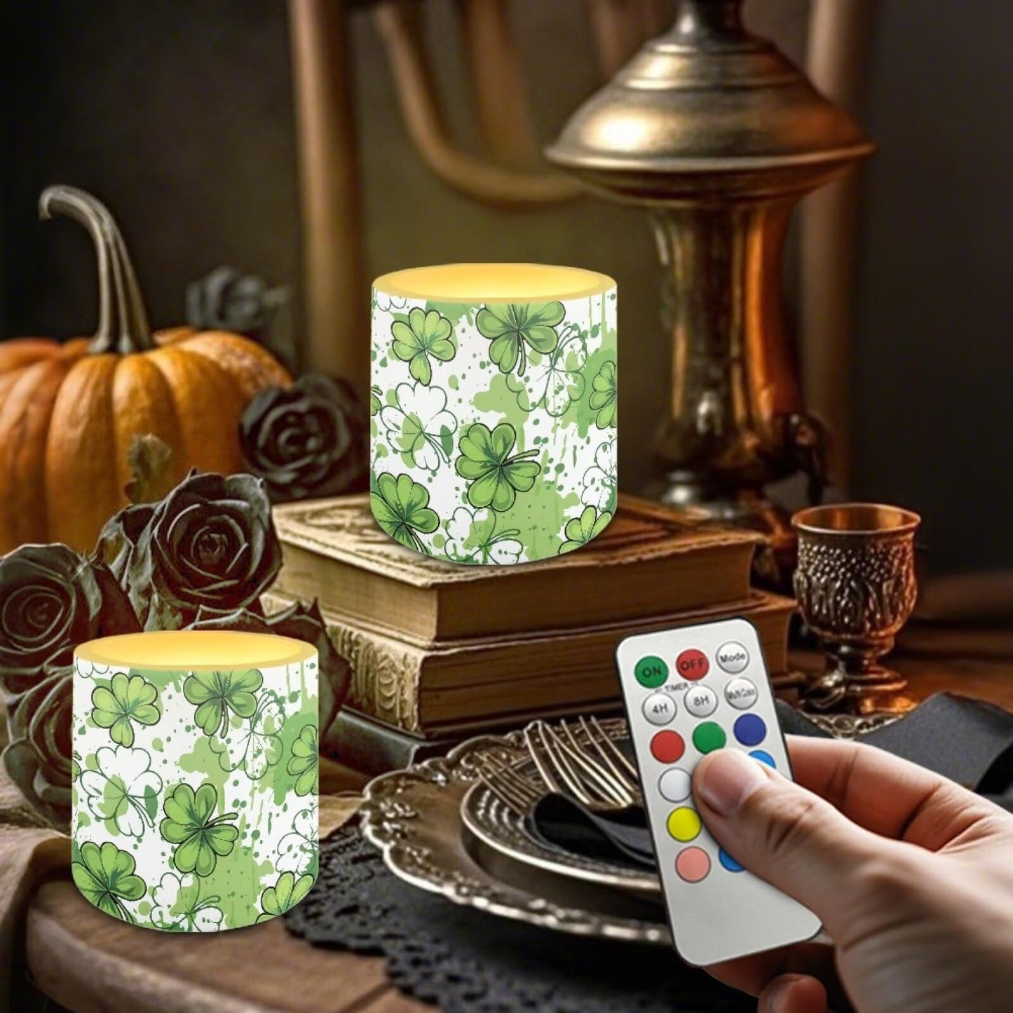 Merkmak Flickering Flameless Candles with Remote and Timer Battery Operated Candles for St Patrick's Day Shamrocks LED Pillar Tea Lights for Patio Porch Banquet Home Decorations