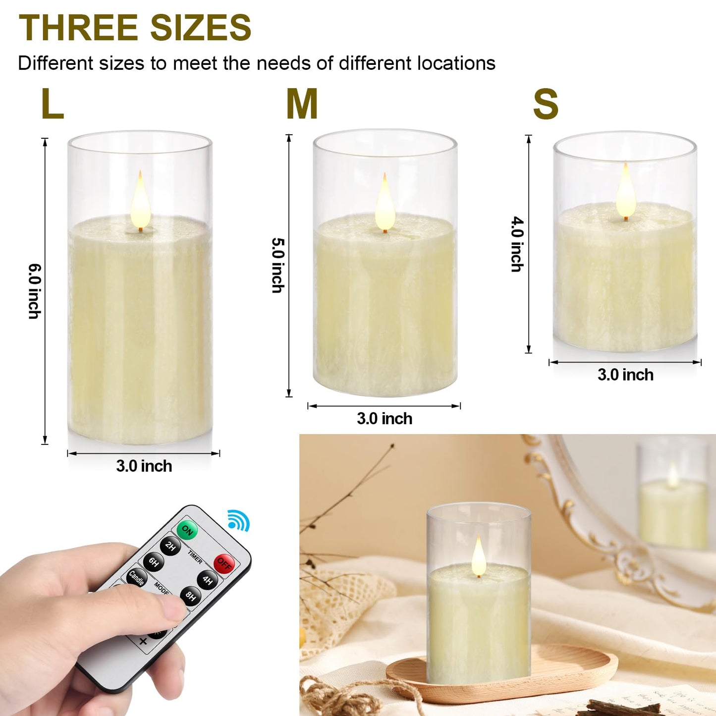 Flameless Flickering Remote Control Candle, Glass Pillar Candle,3 Pack (D:3"×H:4" 5" 6") LED 3D Flame Romantic Candle,Battery Operated Real Wax, Ideal for Wedding, Home Decor Holiday (Ivory)