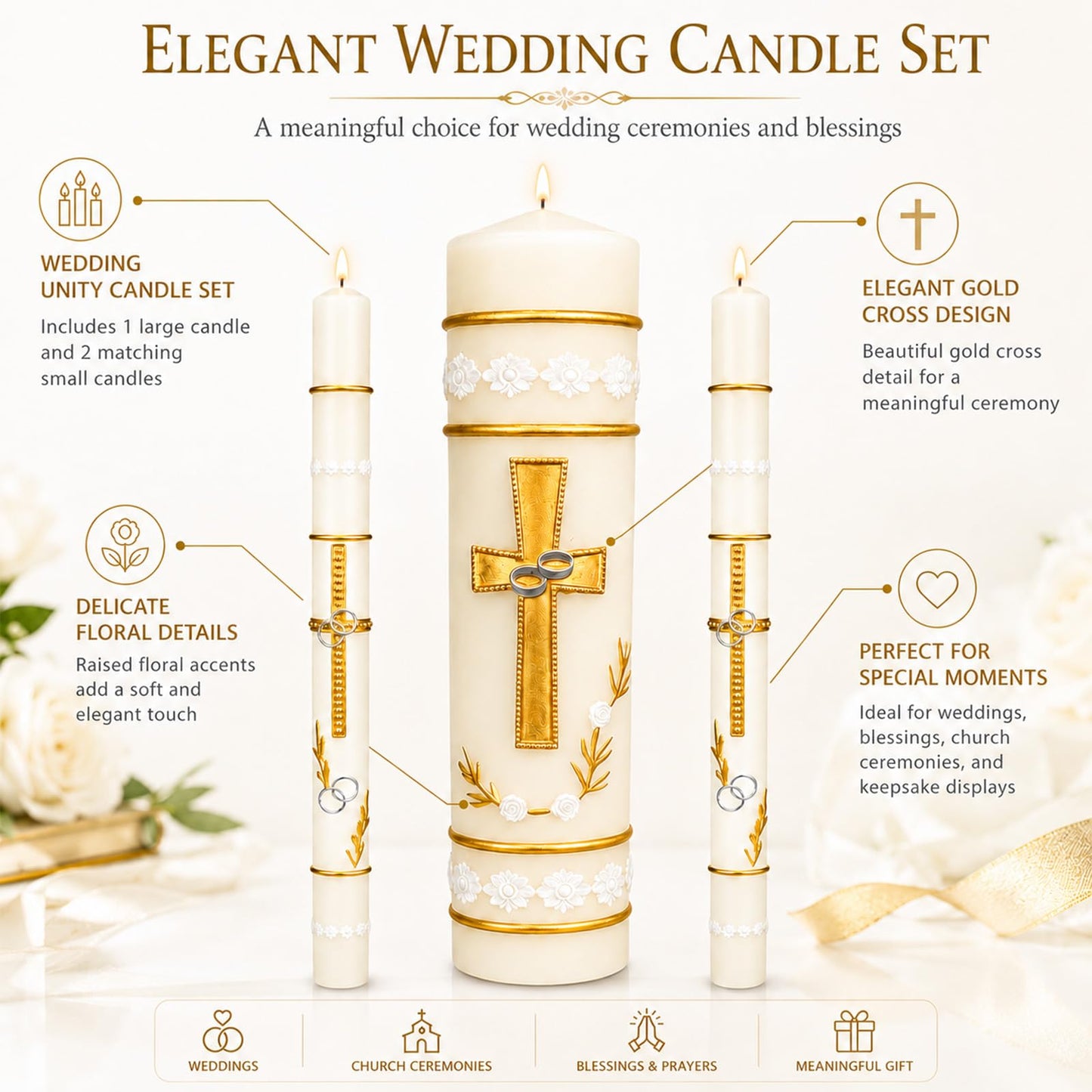Unity Candles for Wedding Ceremony Set,Wedding Candles 1 Pillar 11.5 Inch and 2 Taper 10 Inch Set 3,Catholic Religious Ceremony Accessories,Velas para Boda (Cross & Rings)