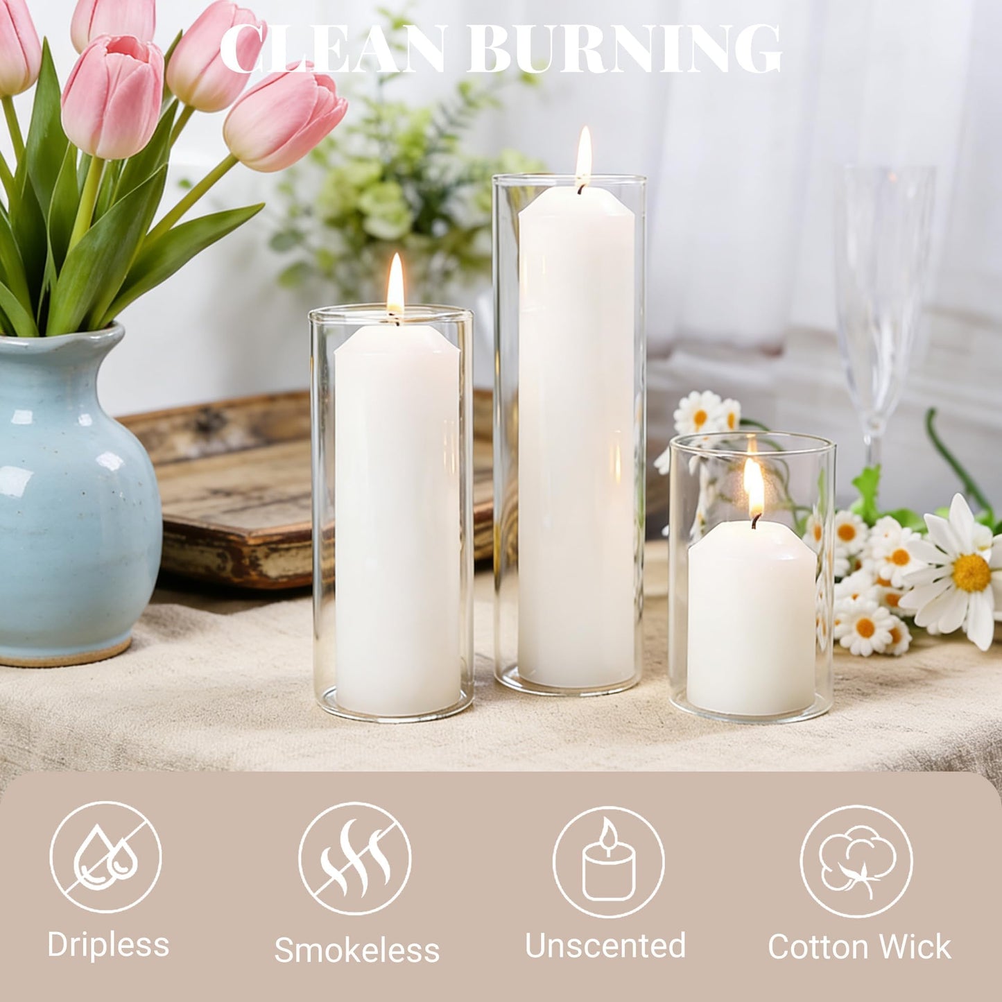 HTTBEIZI 36 Pcs White Pillar Candles Bulk Set | Unscented Dripless Smokeless Wax Candles | 3 Assorted Sizes: 2x3, 2x4, 2x6 for Weddings, Hurricane Vases, and Centerpieces