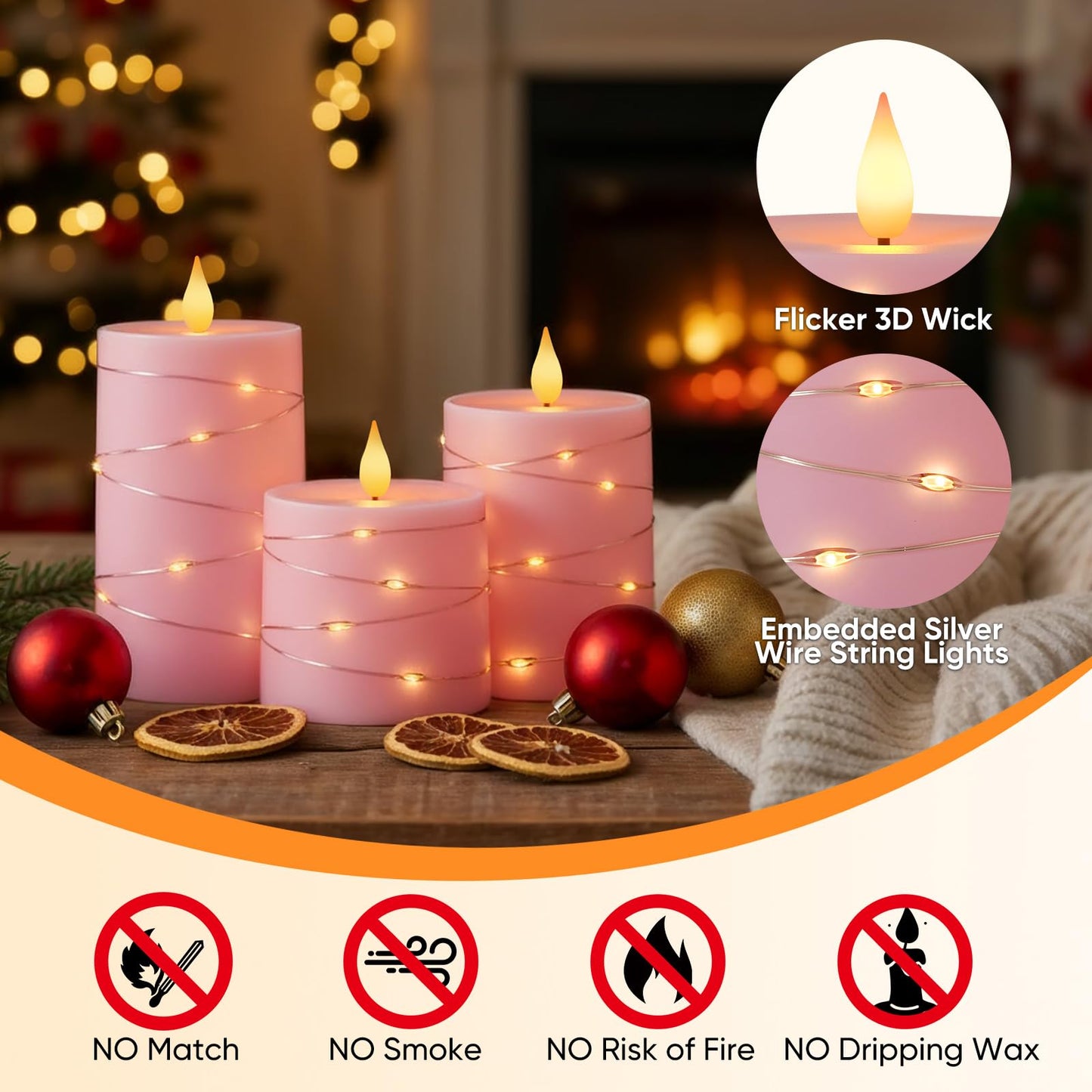 Raycare Easter Pink Flameless Candles with Remote Timer, Flickering Battery Operated LED Pillar Fake Candle with String Lights for Home Decor, Christmas, Wedding and Gift, Set of 3