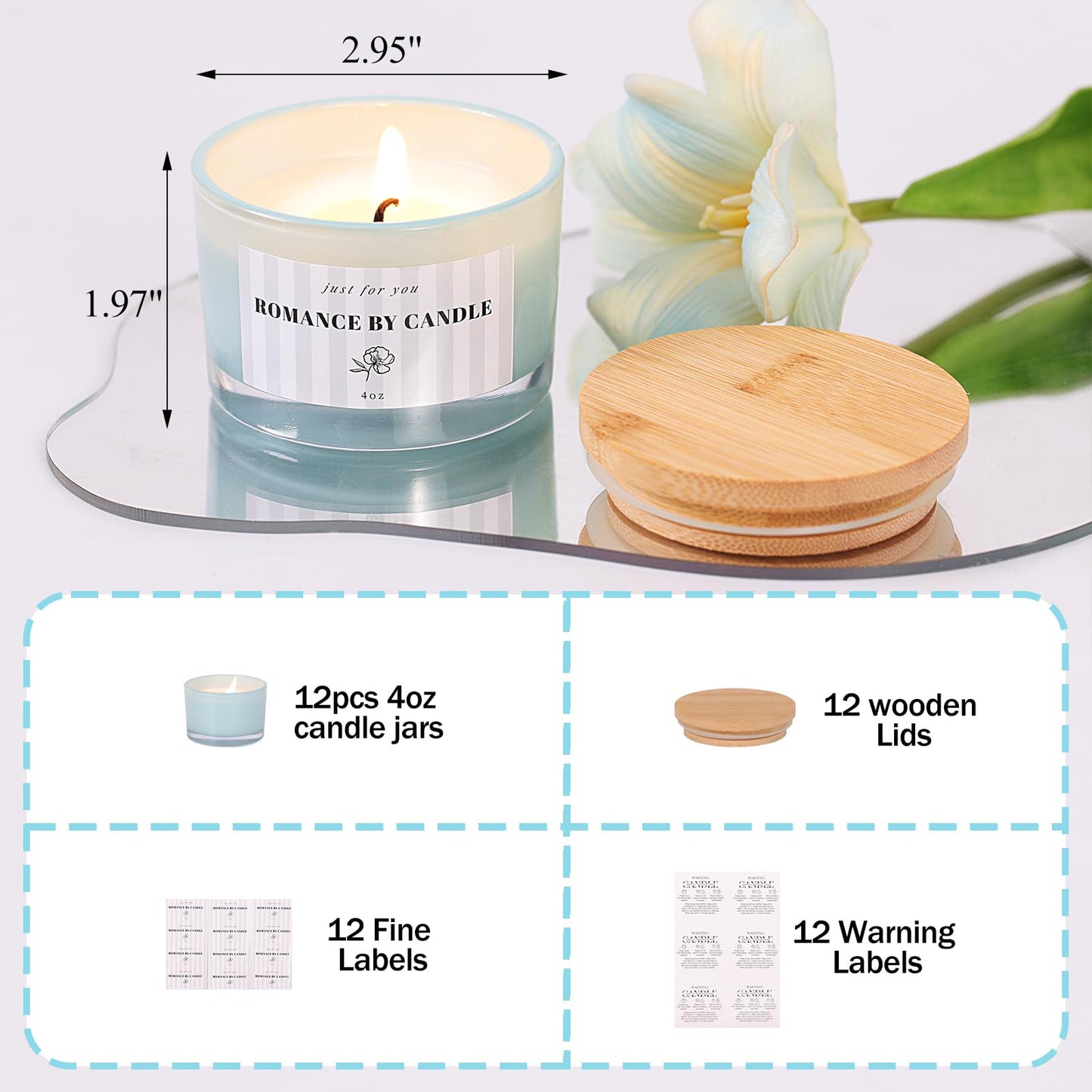 REISEN 12 PCS Blue Candle Jars for Making Candles, 4 OZ Glass Jars with Bamboo Lids and Sticky Warning Labels, Candle Containers for DIY Gifts, Candle Making Supplies