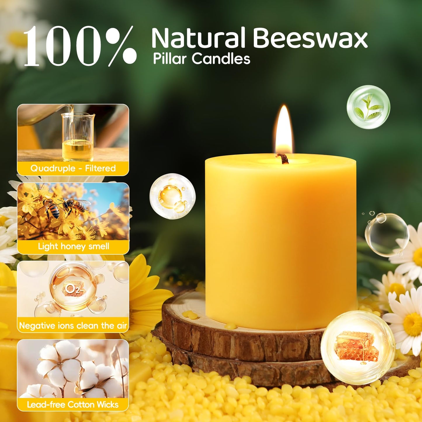2x2 in Beeswax Pillar Candle- 6pcs, 120-Hour Burn Time Beeswax Candles, Natural Honey Scent, Bees Wax Candles for Meditation, No Odor, Burning Releases Negative Ions to Purify the Air