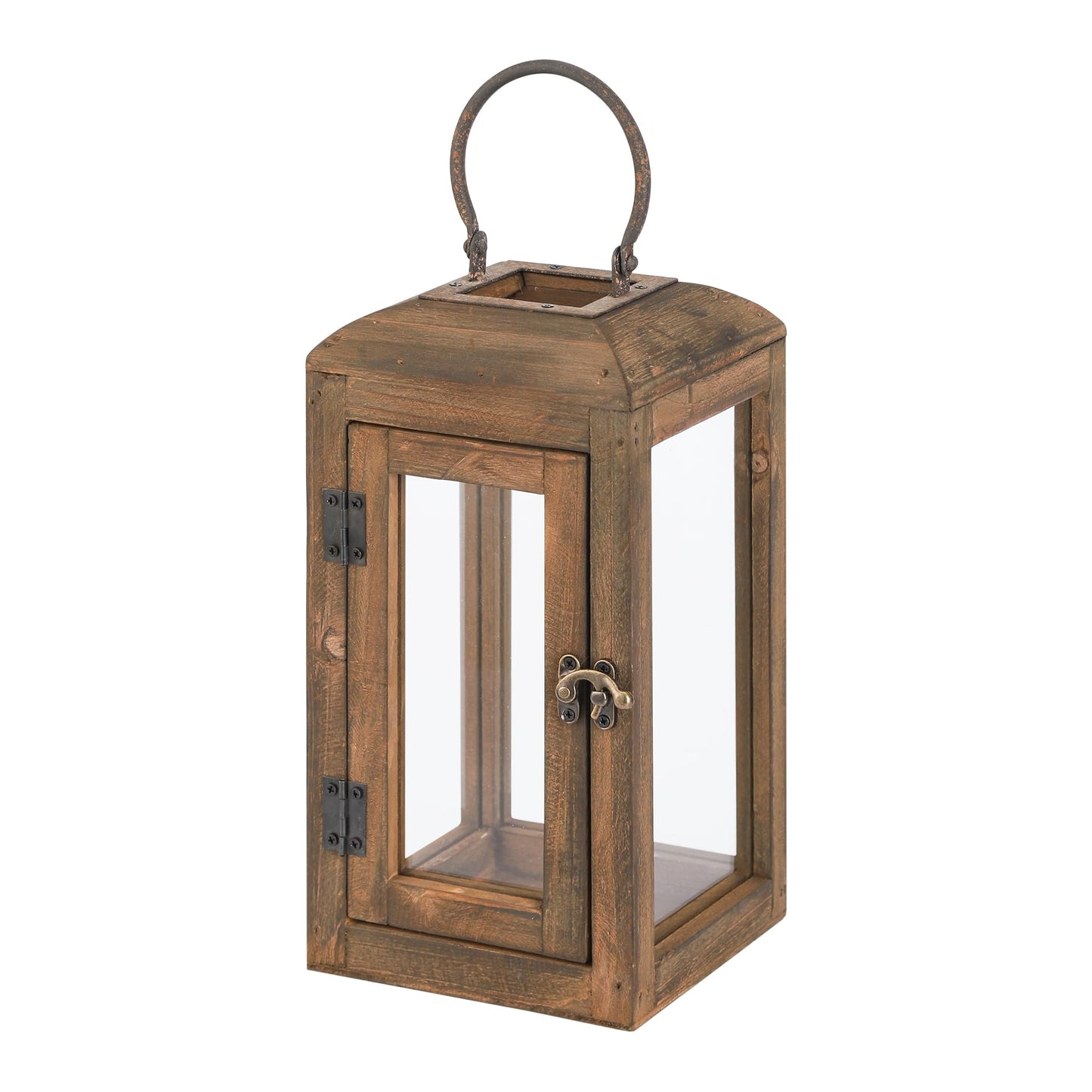 11" High Wooden Lantern Made of Solid Firwood in Handpainted Mediterranean Brown with Metal Handle,Hurricane Lantern, Farmhouse Lantern for Party, Deck, Front Porch (1, Brown, Small)