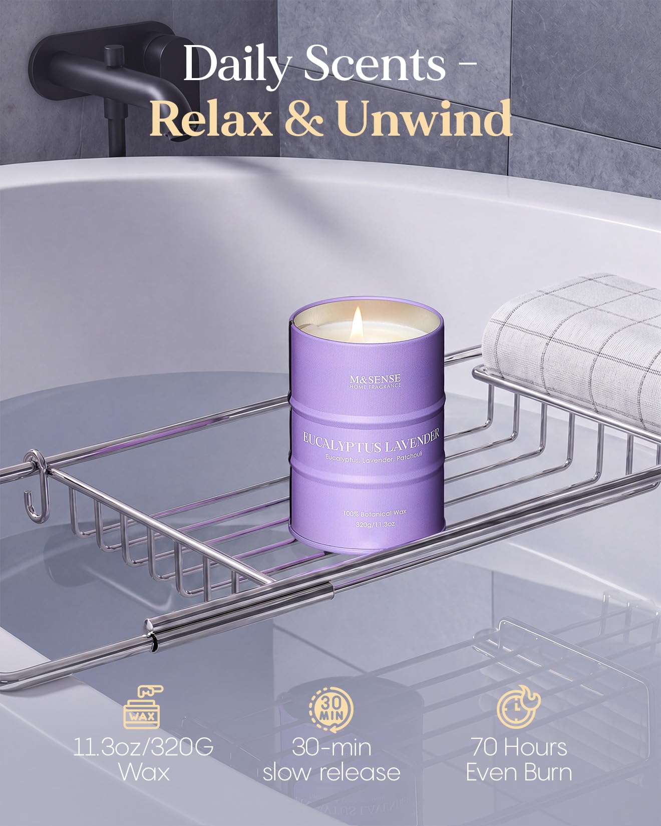 M&SENSE Eucalyptus Lavender Scented Candles Natural Non Toxic, Aromatherapy Candle for Stress Relief Meditation Relaxing, Housewarming Gifts for Women Men, 11.3oz 70 Hour Long Burning