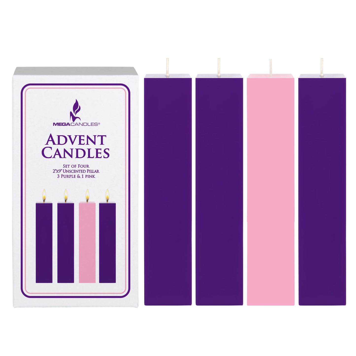 Mega Candles 4 pcs Unscented Christmas Advent Candles Set, Hand Poured Premium Wax Square Pillar Candle 2 Inch x 9 Inch, Holidays, Occasions, Events, Festivitiess, Devotional, Church, Wreath, Gifts