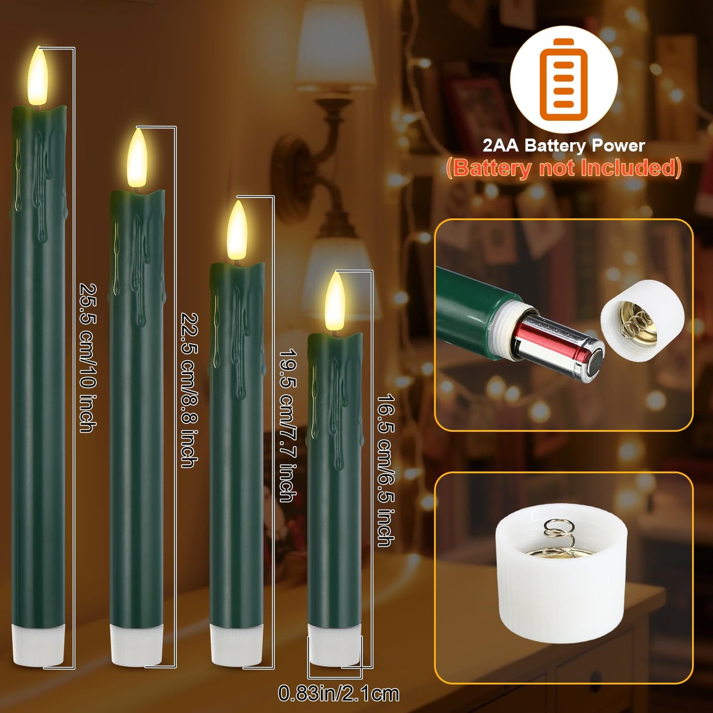 Macarrie 24 Pcs Green Flameless Taper Candles LED Battery Operated 6.5'', 7.7'', 8.8'', 10'' 3D Flickering Flame Candlesticks Drip Wax Shaped Candles for Wedding Birthday Party Decor