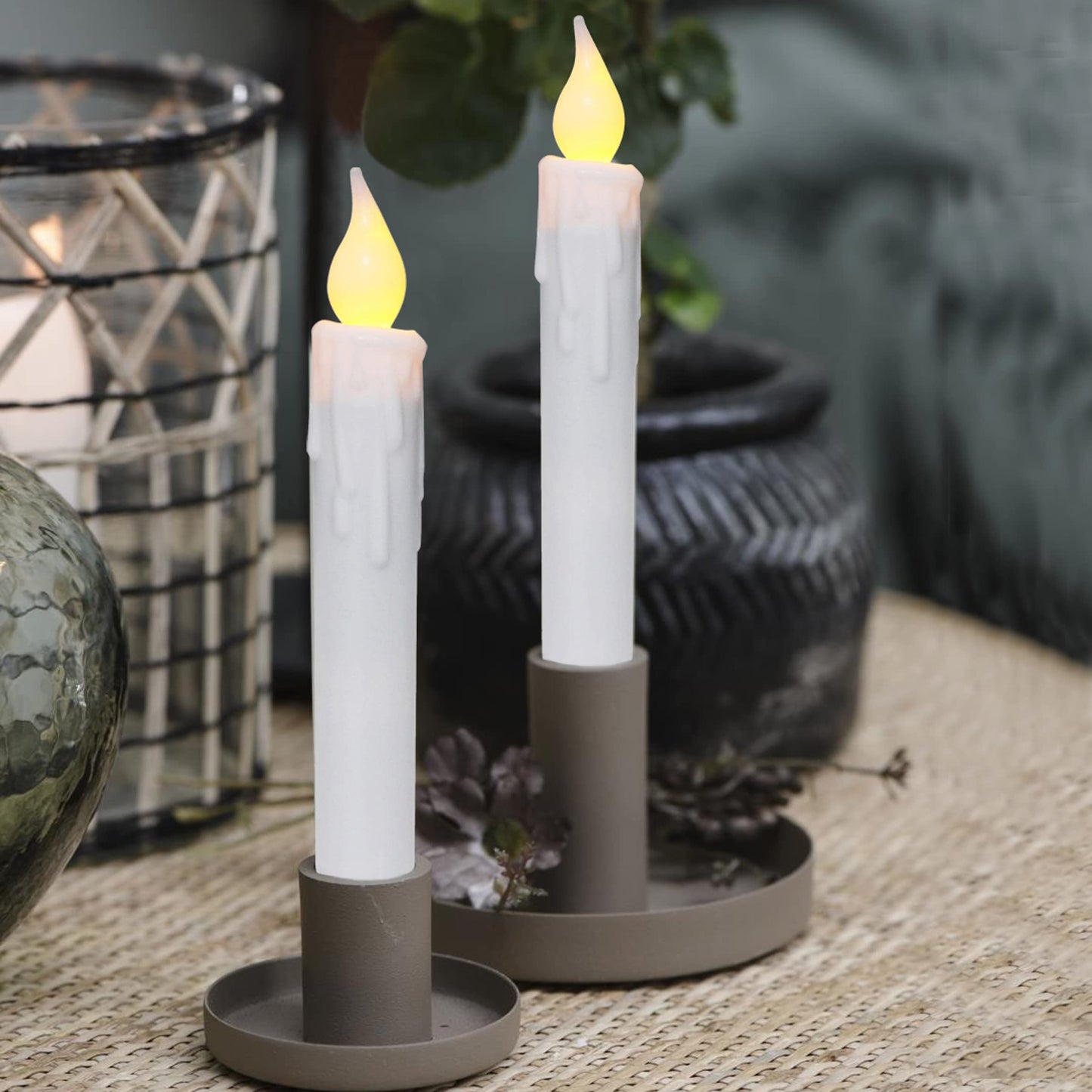 CVHOMEDECO. Flickering Taper Candles LED Drip Flameless Candles, Battery Operated with Timer, White, 6-3/4 Inch, Set of 4