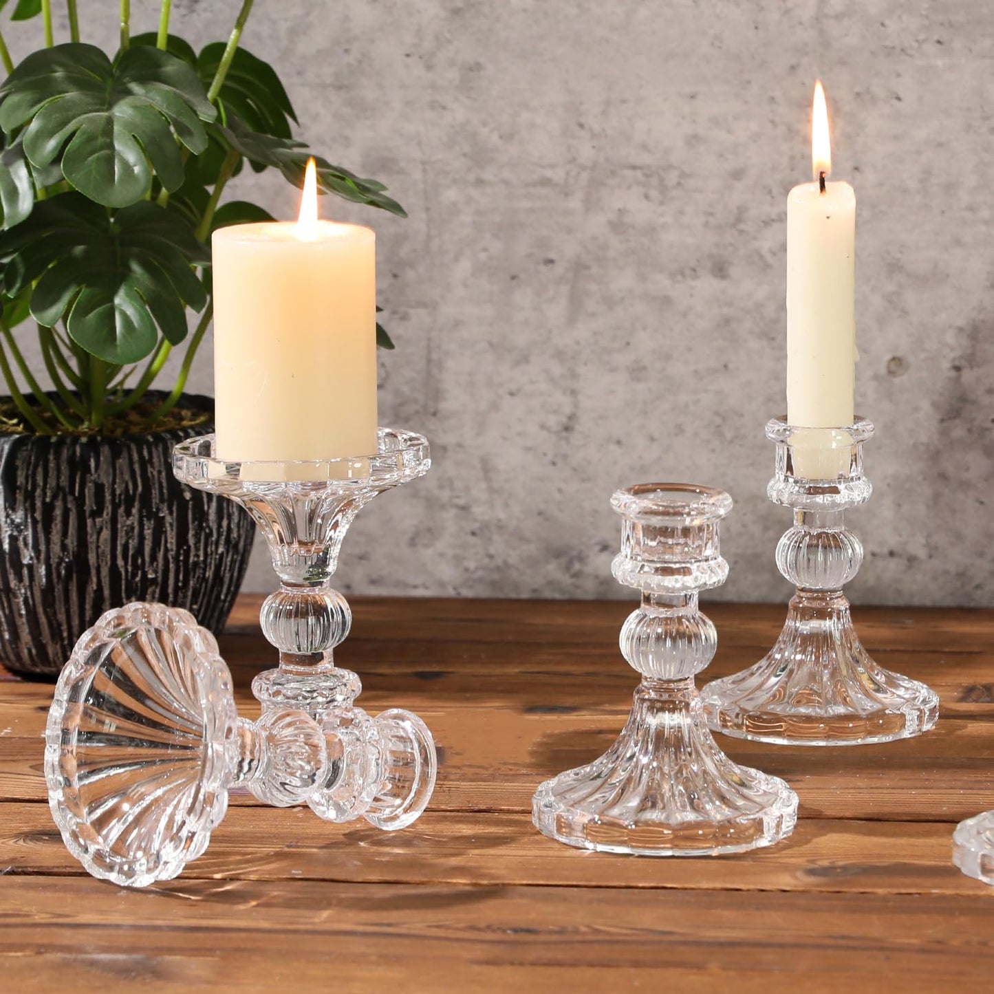 6 Pcs Clear Glass Taper Candle Holders – 4" Ribbed Candlestick Holders for Standard Candles | Elegant Centerpiece for Wedding, Party, Holiday & Home Decor
